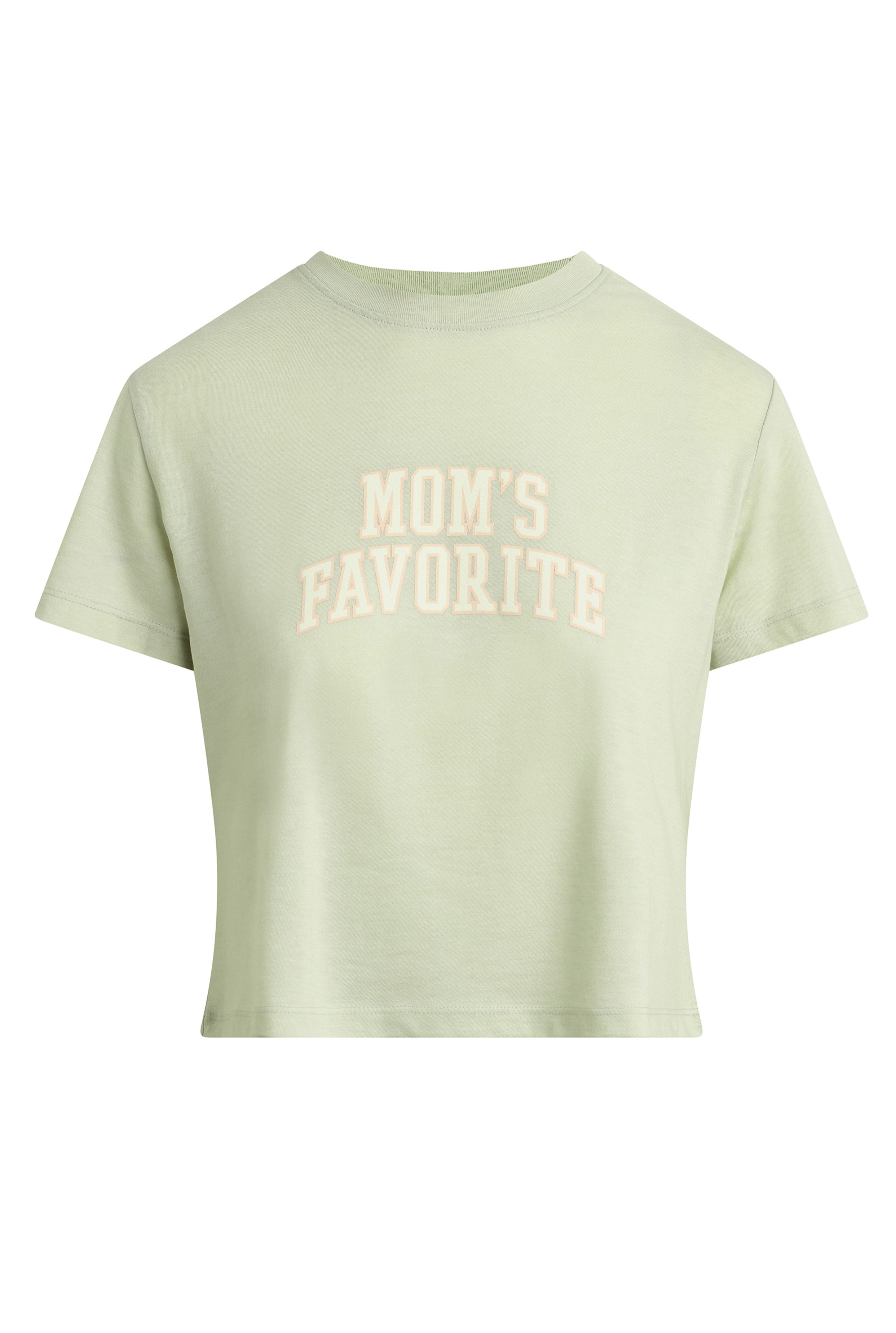 The Cropped Moms Favorite Tee by Favorite Daughter is a light green women's cropped top made from ultra-soft tri-blend cotton, featuring short sleeves and "MOMS FAVORITE" in bold white print across the chest.
