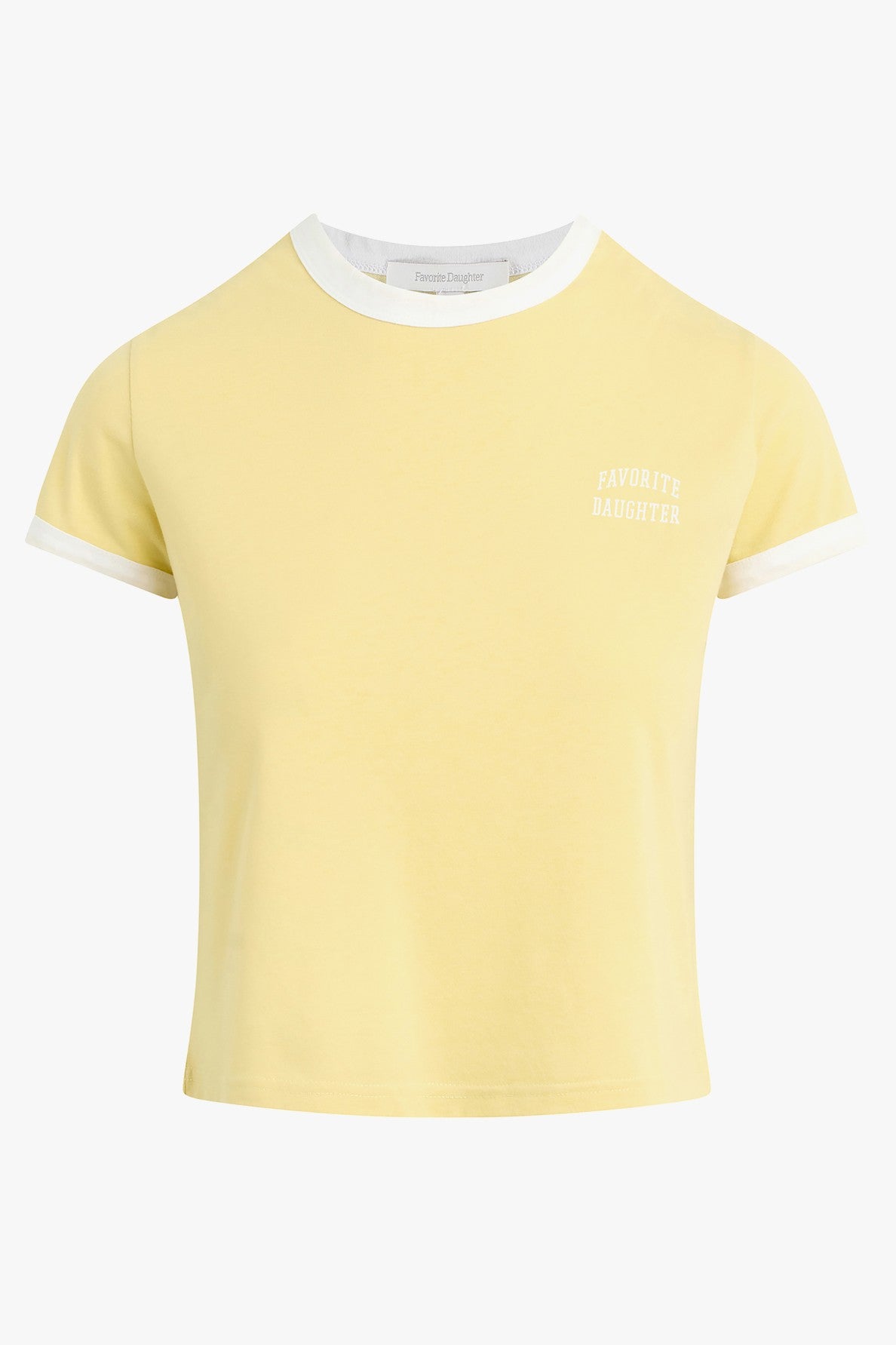 The Cropped Favorite Daughter Ringer Tee by Favorite Daughter is a yellow, short-sleeve cropped ringer with white trim and “FAVORITE DAUGHTER” printed in small white letters on the chest. Made from recycled polyester.