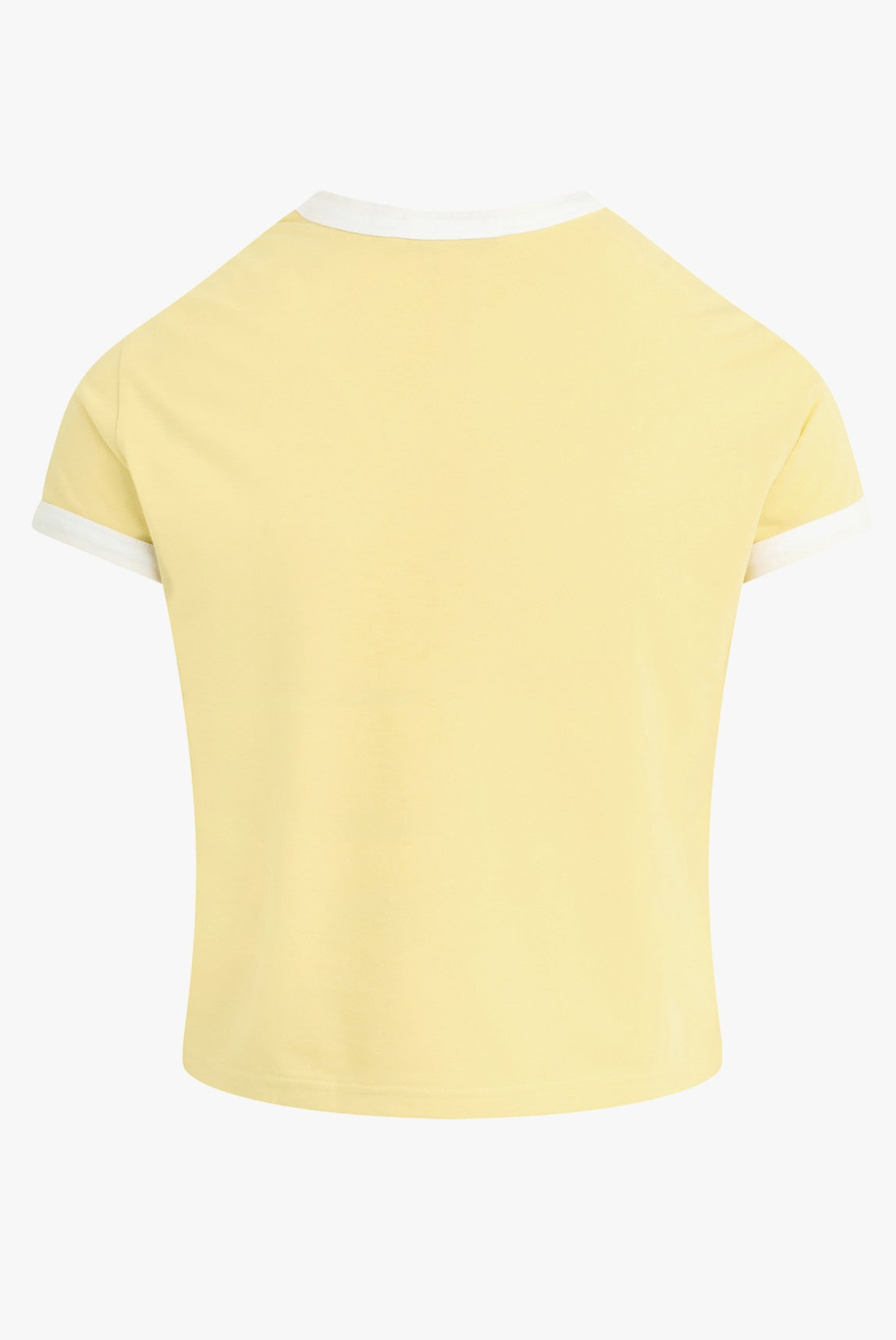 The Cropped Favorite Daughter Ringer Tee by Favorite Daughter is a short-sleeved yellow top with white trim, made from recycled polyester, shown from the back against a white background.