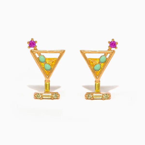 Girls Crew Martini Stud Earrings in Green Multi feature cocktail glass shapes in 18k gold-plated metal with colorful cubic zirconia accents for the drink, olives, and garnish, shown on a white background.