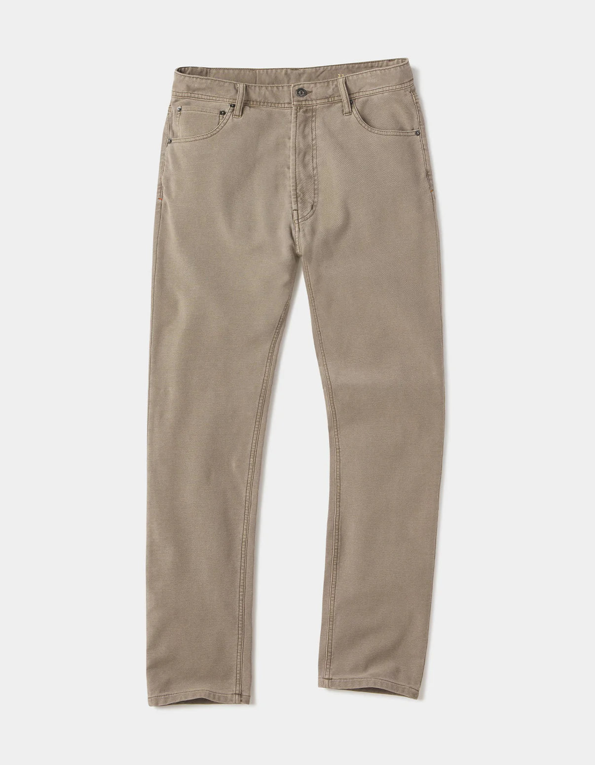 The Normal Brand Comfort Terry Pant in Taupe features a straight-leg fit, front and back pockets, belt loops, and a button closure, shown laid flat on a white background.