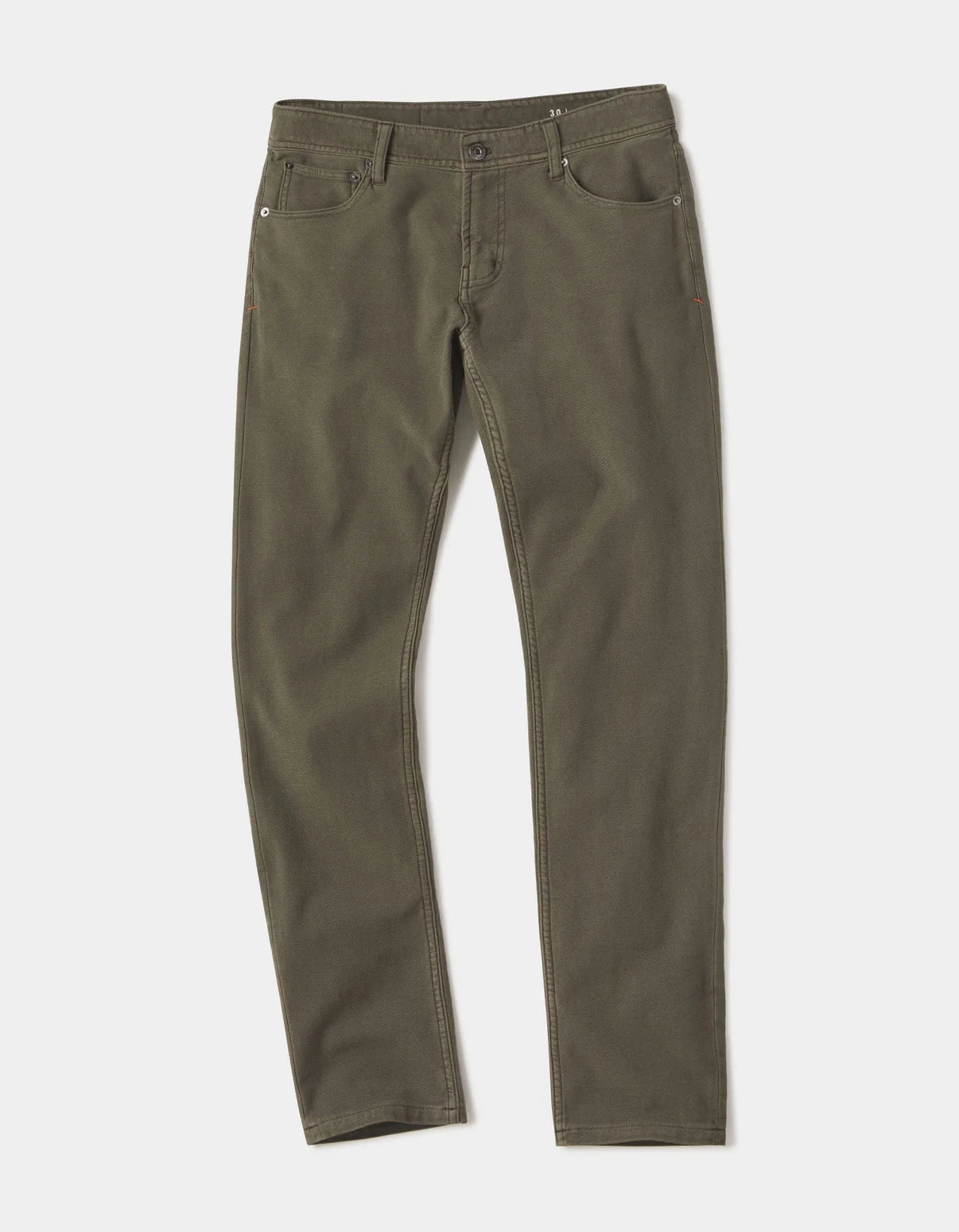 The Normal Brand's Comfort Terry Pant in Olive is shown laid flat on a white background, featuring front pockets, belt loops, and a button closure.