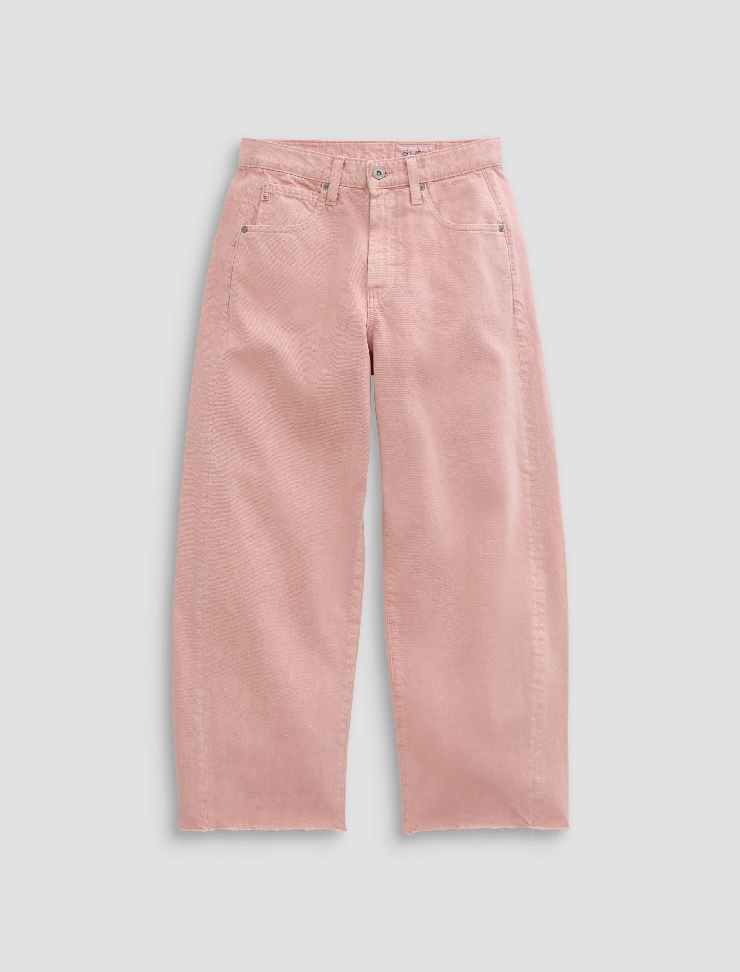 The Hattie Crop in Sulfur Sparkling Rose by AG Jeans features wide-leg, cropped pink denim with a high waist, five-pocket design, belt loops, button closure, and flattering front rise. Shown laid flat on a light gray background.