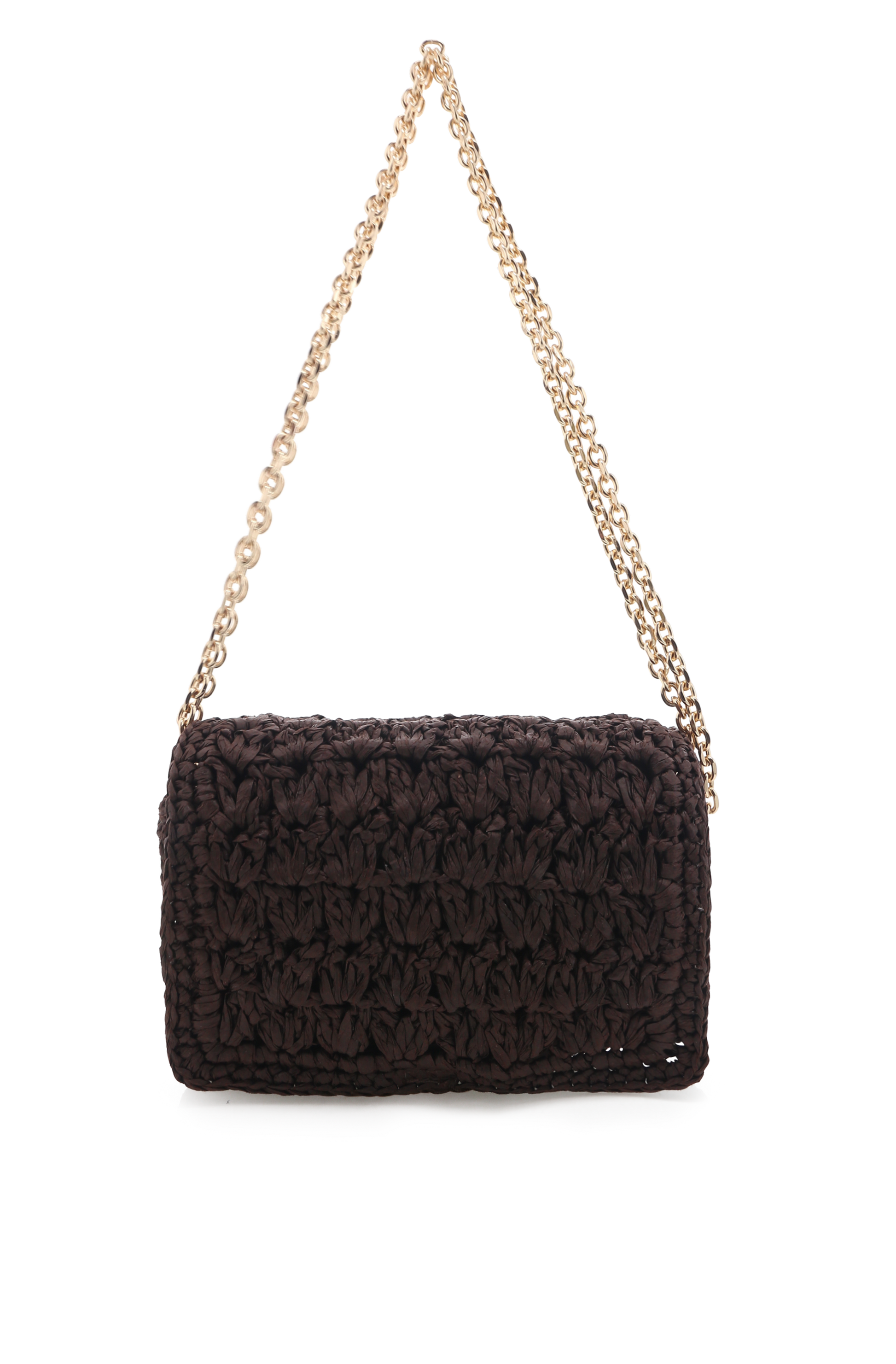 The Billini Hayworth Crossbody Bag features a chocolate brown raffia design with a chunky woven texture and gold chain strap, shown against a white background.