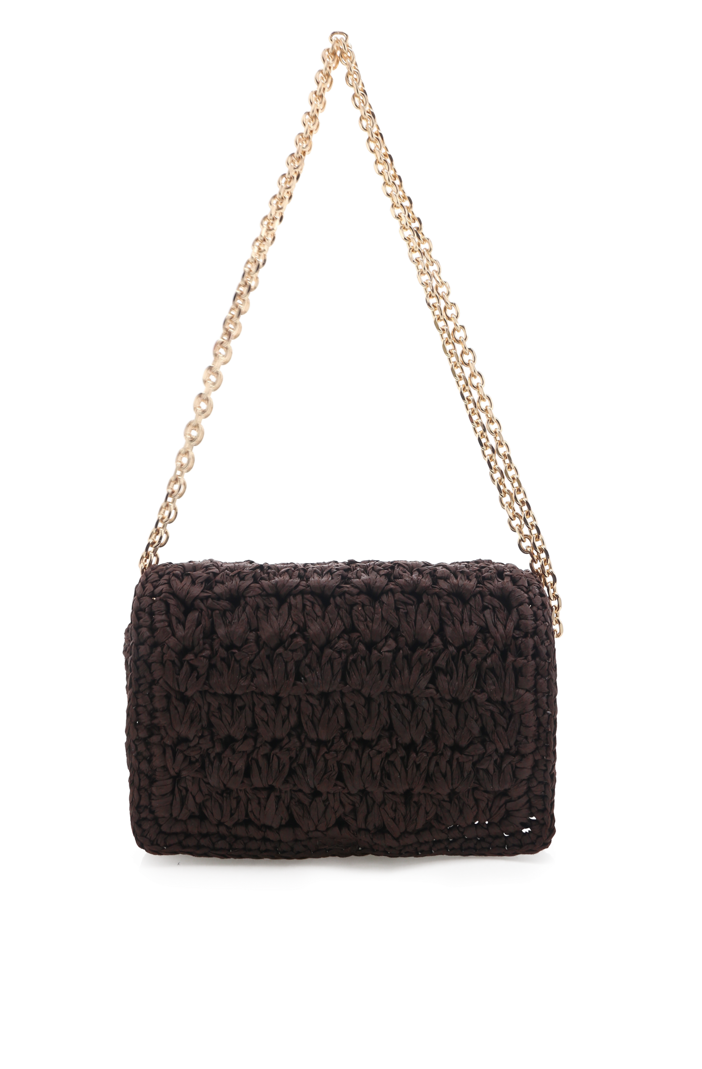 The Billini Hayworth Crossbody Bag features a chocolate brown raffia design with a chunky woven texture and gold chain strap, shown against a white background.