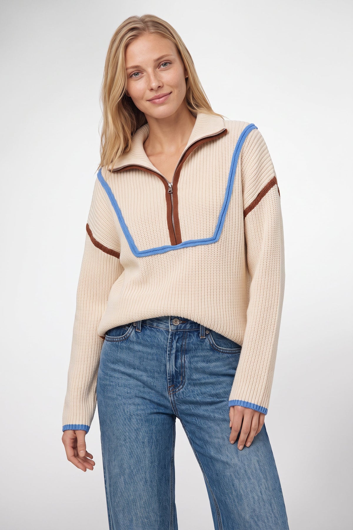 Erin Contrast Trim Half Zip Sweater In Ivory Multi
