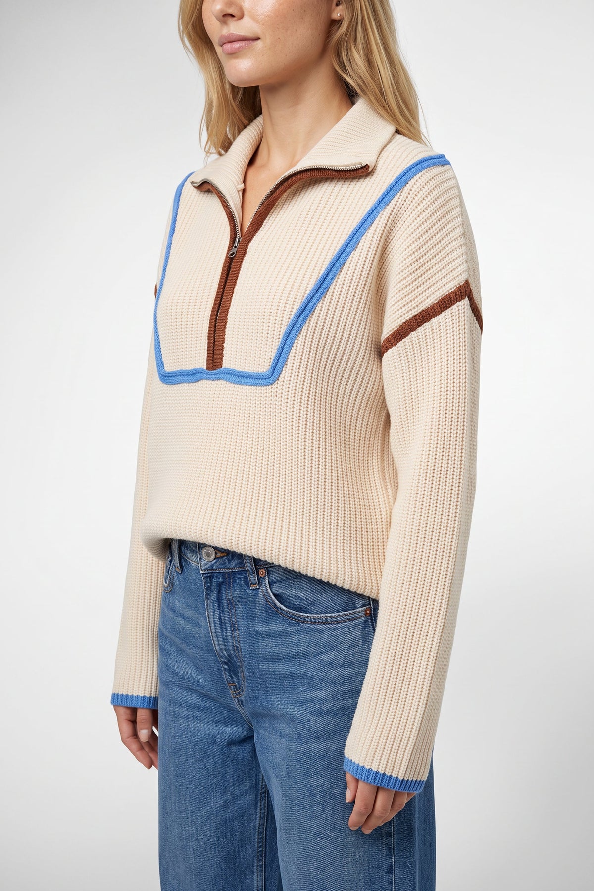 Erin Contrast Trim Half Zip Sweater In Ivory Multi