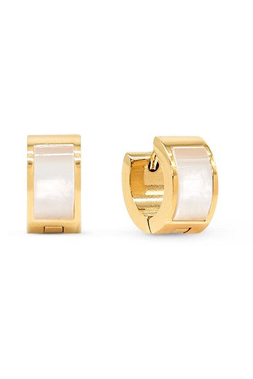The Secret Box Water Resistant Mother Of Pearl House earrings feature gold small hoops with rectangular mother-of-pearl inlays. Hypoallergenic for all-day comfort and photographed on a white background.