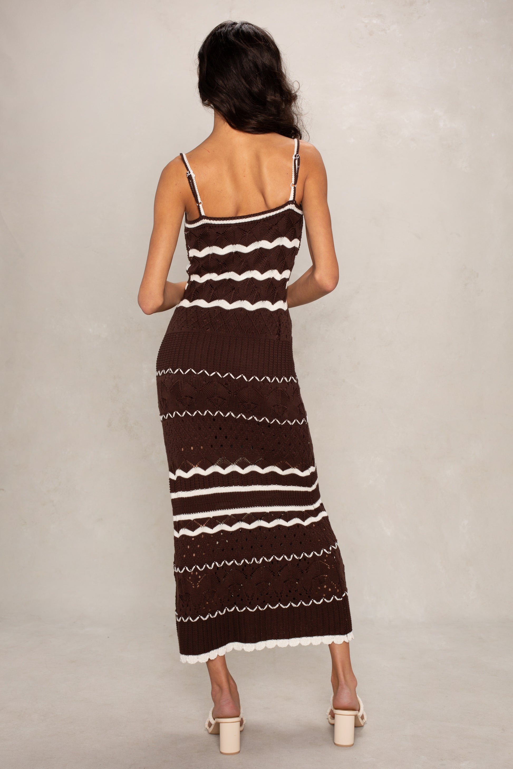 brown and white crochet dress Harper Crochet Midi Dress