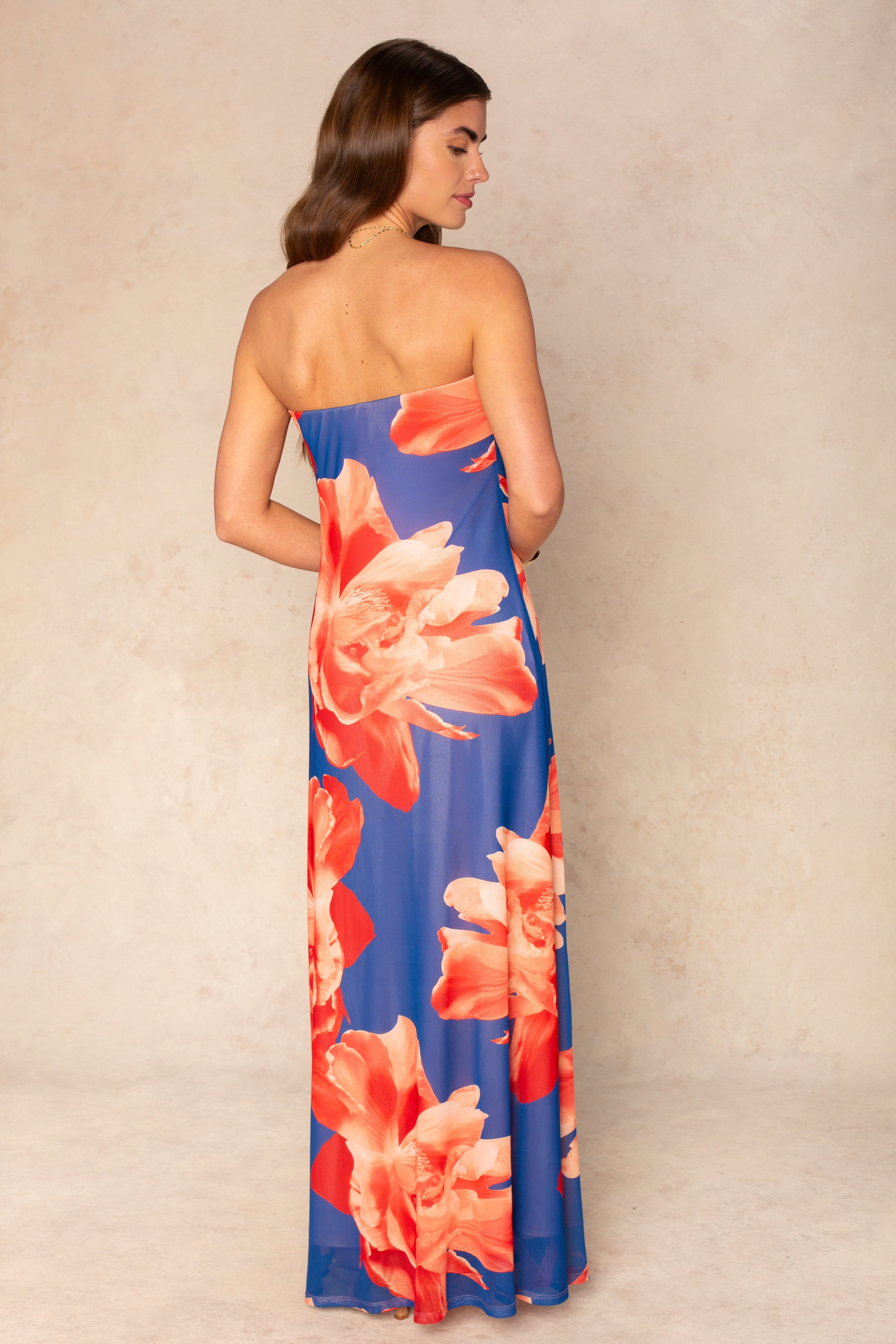 A woman stands with her back to the camera, wearing Isla’s Flora Tube Mesh Maxi Dress in blue with bold orange floral patterns, set against a neutral textured background.