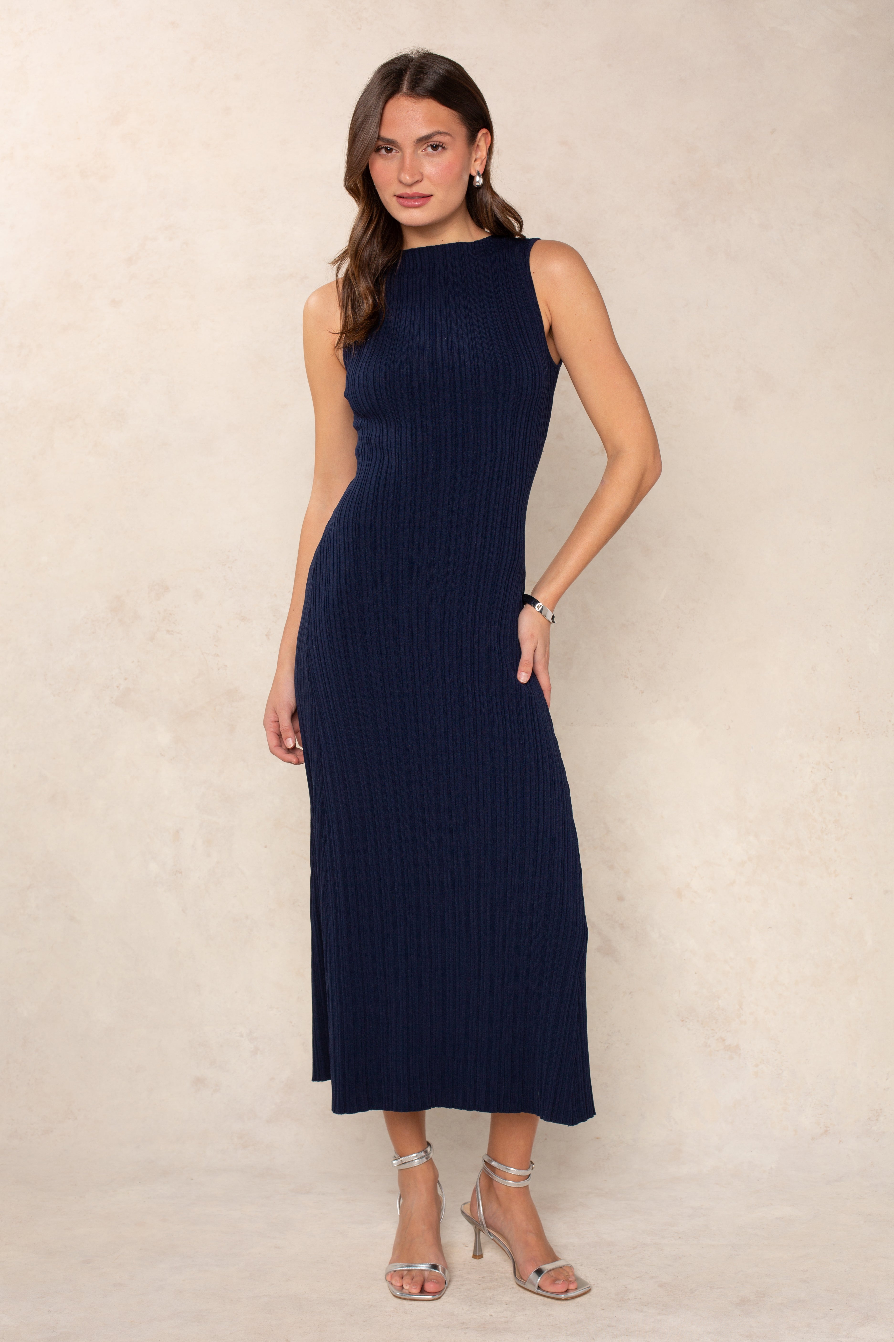 Liza Boat Neck Wide Rib Midi Dress Pine Navy / L