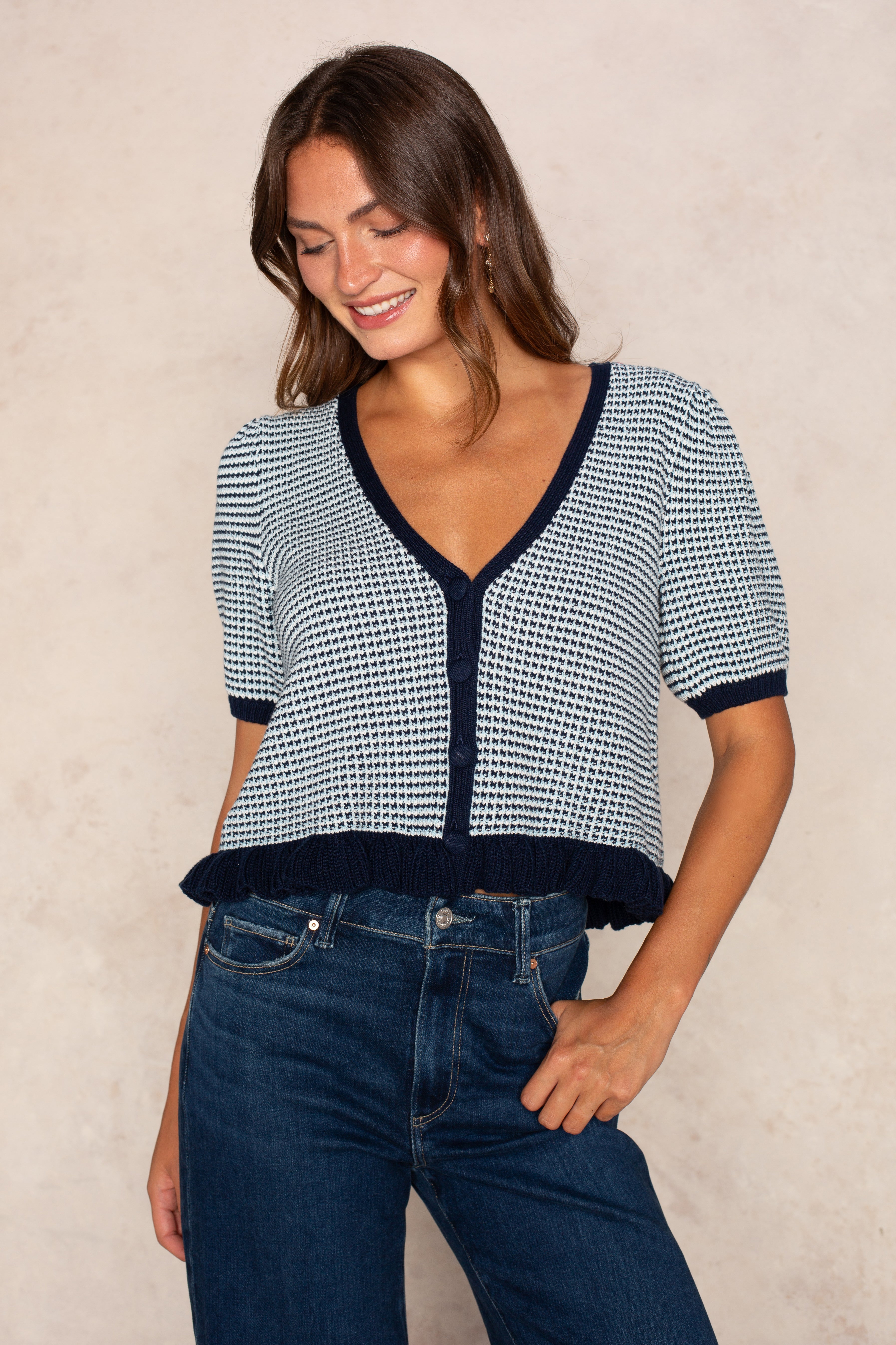 Elaine Puff Sleeve Cardigan In Dark Blue Combo