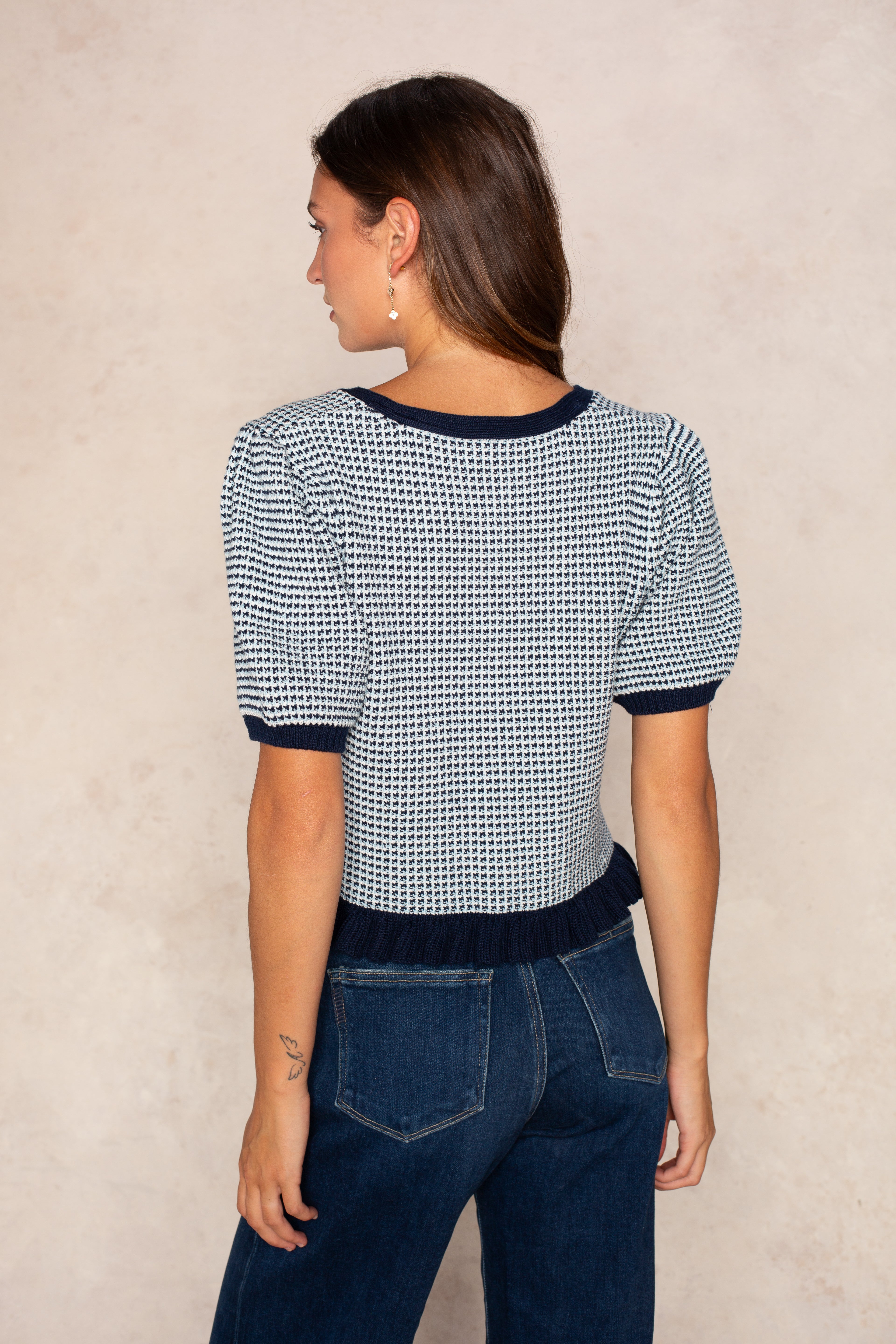 Elaine Puff Sleeve Cardigan In Dark Blue Combo