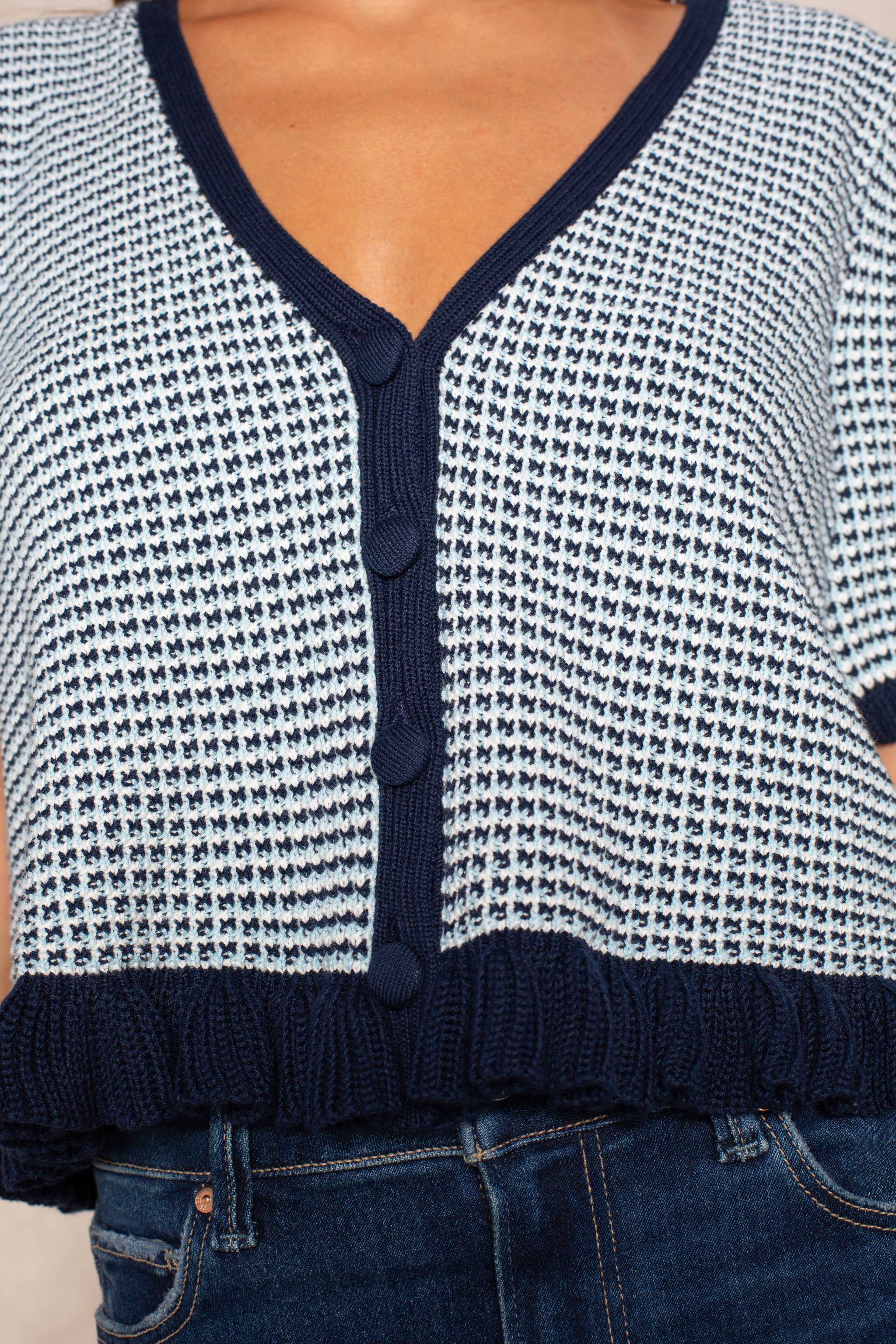 Elaine Puff Sleeve Cardigan In Dark Blue Combo