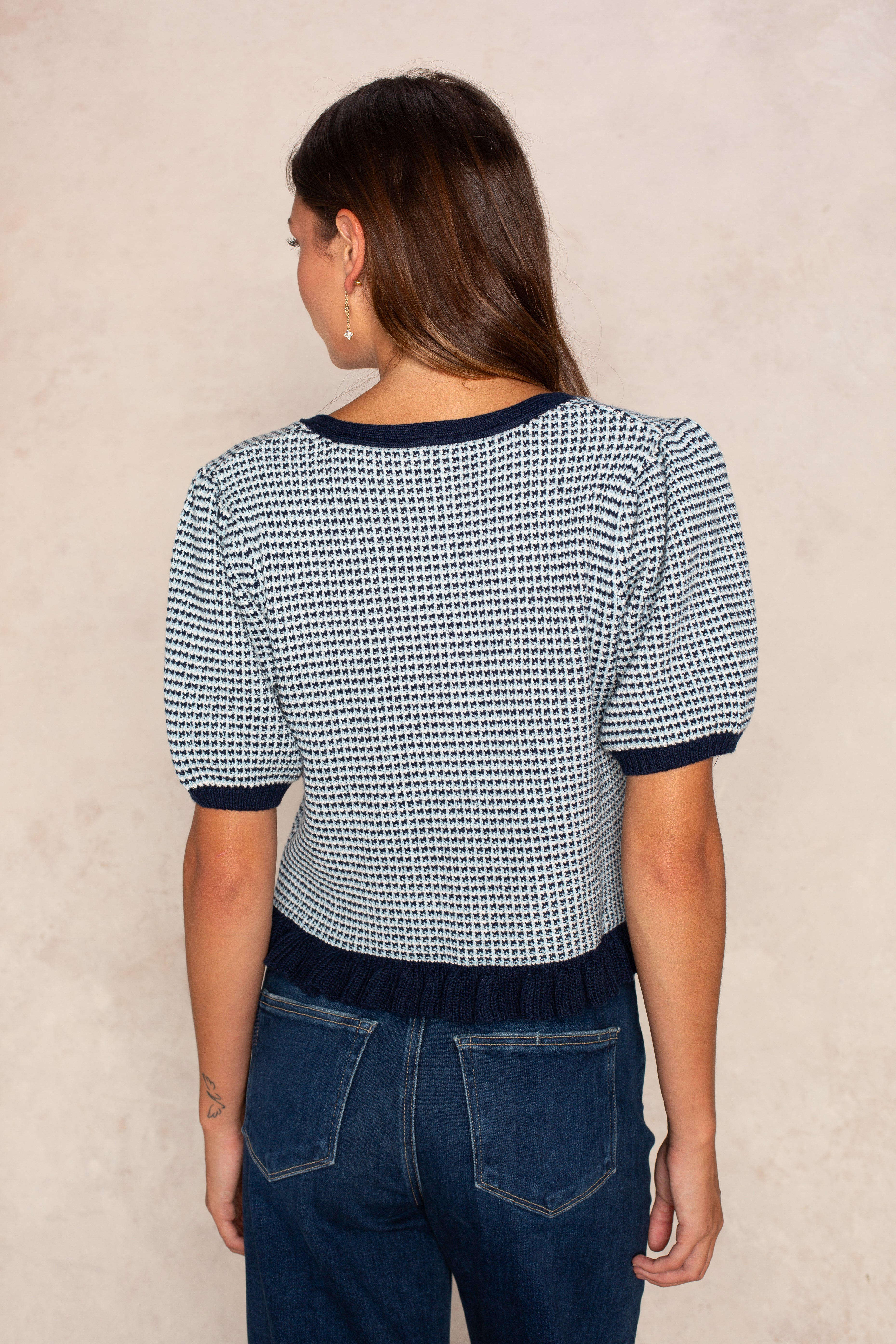 Elaine Puff Sleeve Cardigan In Dark Blue Combo