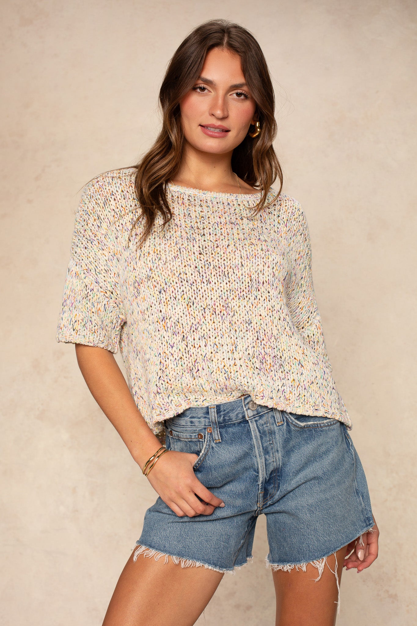 A woman with long brown hair and gold hoop earrings stands confidently against a neutral background wearing the Georgie Penny Short Sleeve Crew Neck Sweater in Multi, paired with high-waisted, frayed denim shorts.