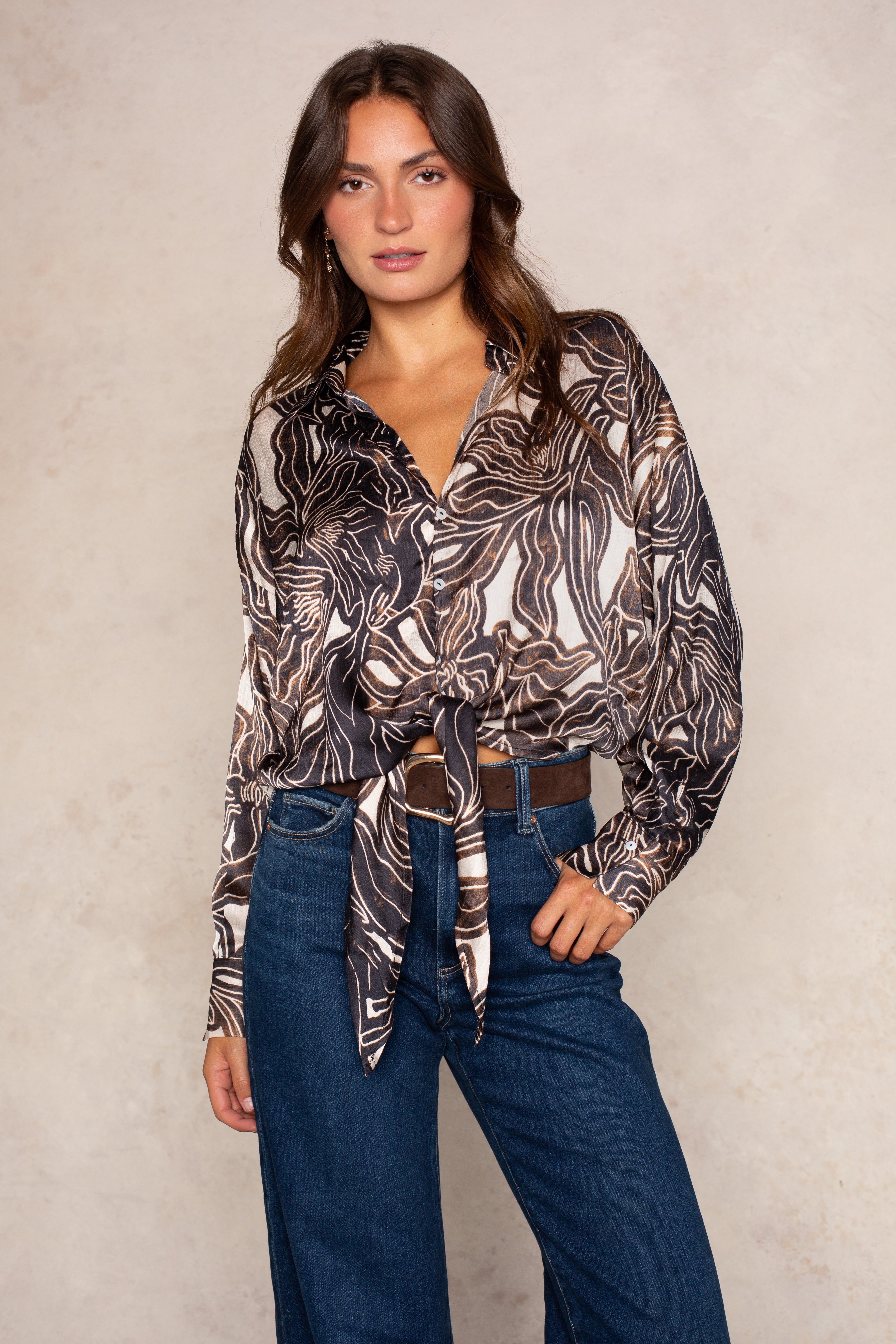 Rue Button Down In Brown/Black Multi