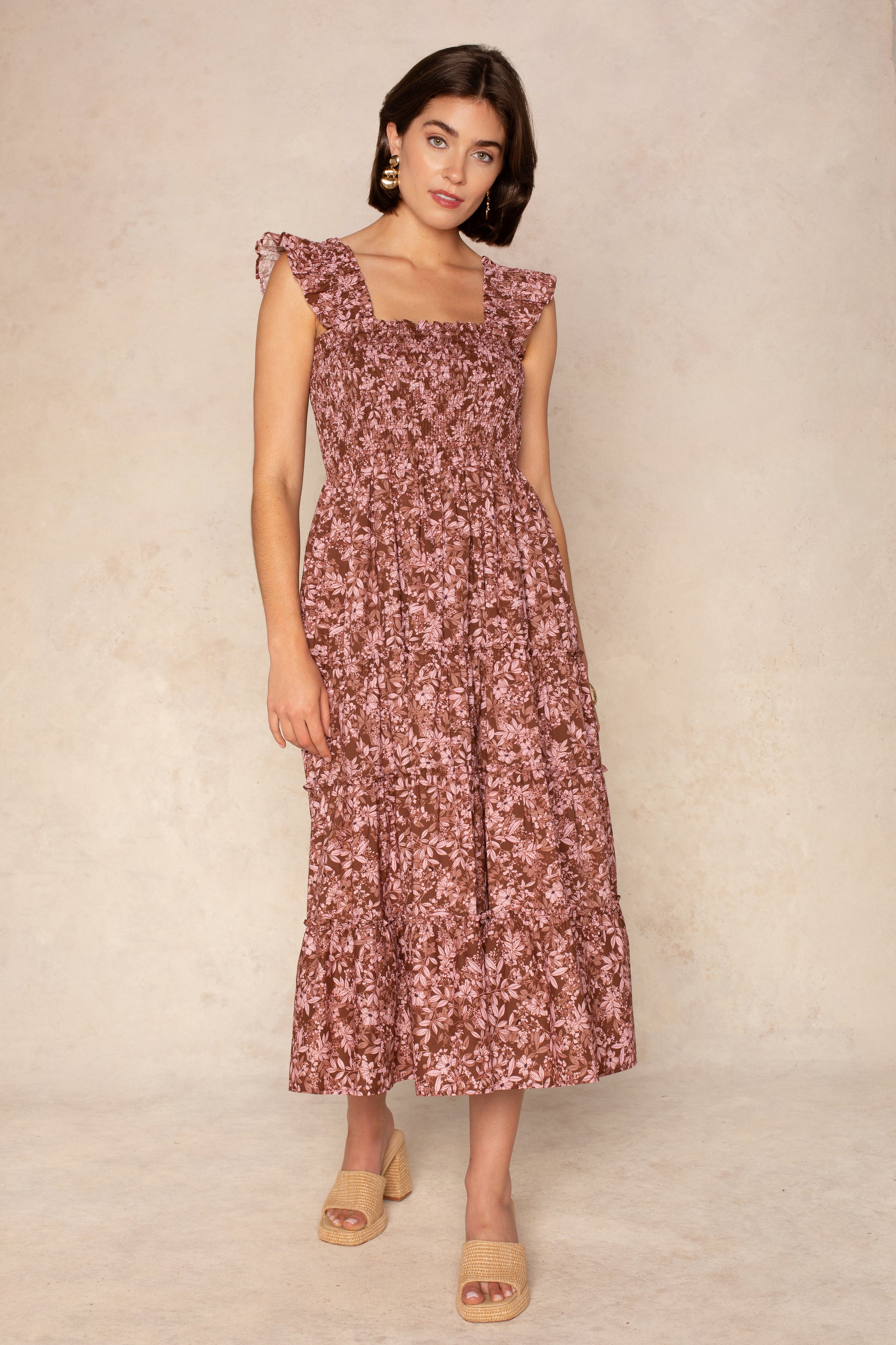 Calypso Smocked Midi Dress Brown Multi / L