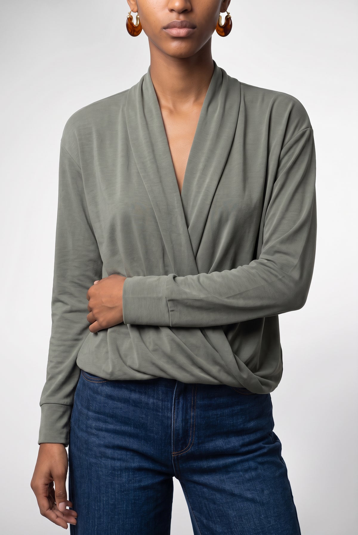 Gina Wrap Cupro Long Sleeve In Olive