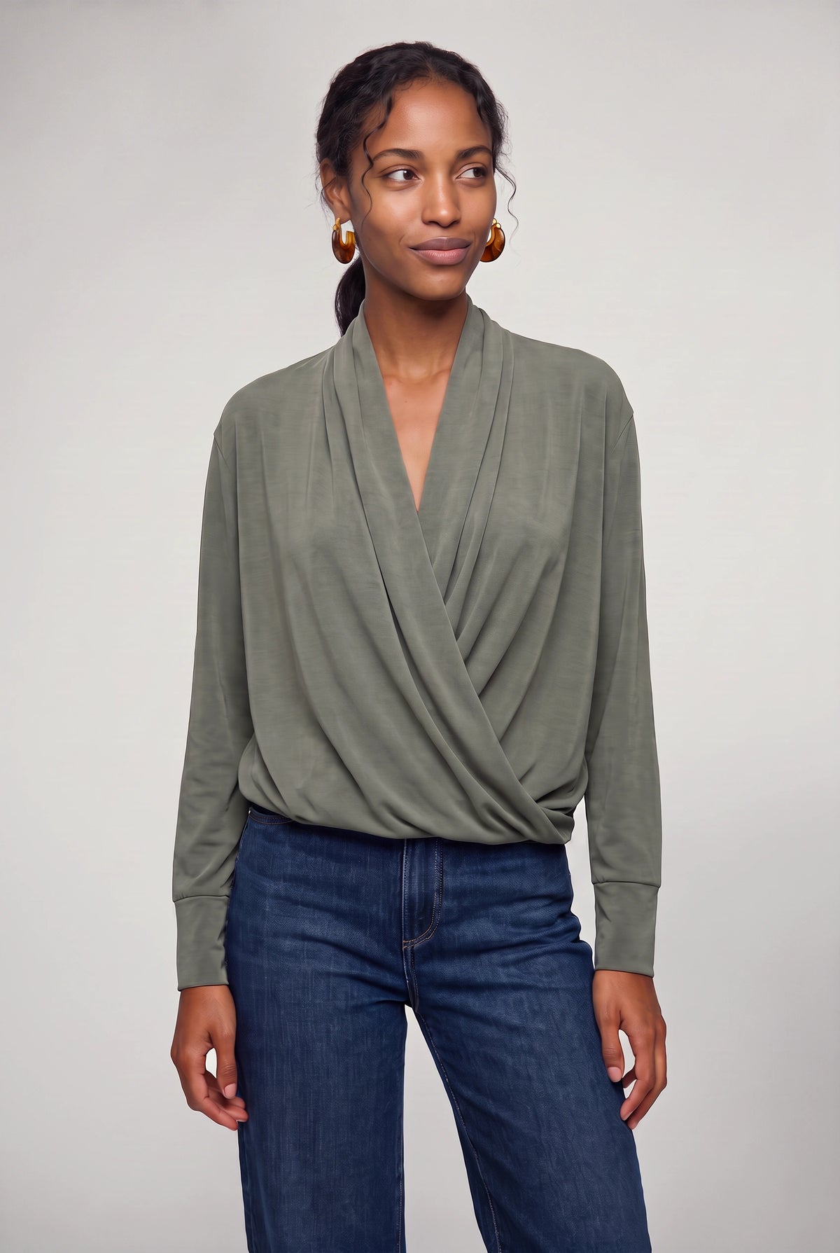 Gina Wrap Cupro Long Sleeve In Olive