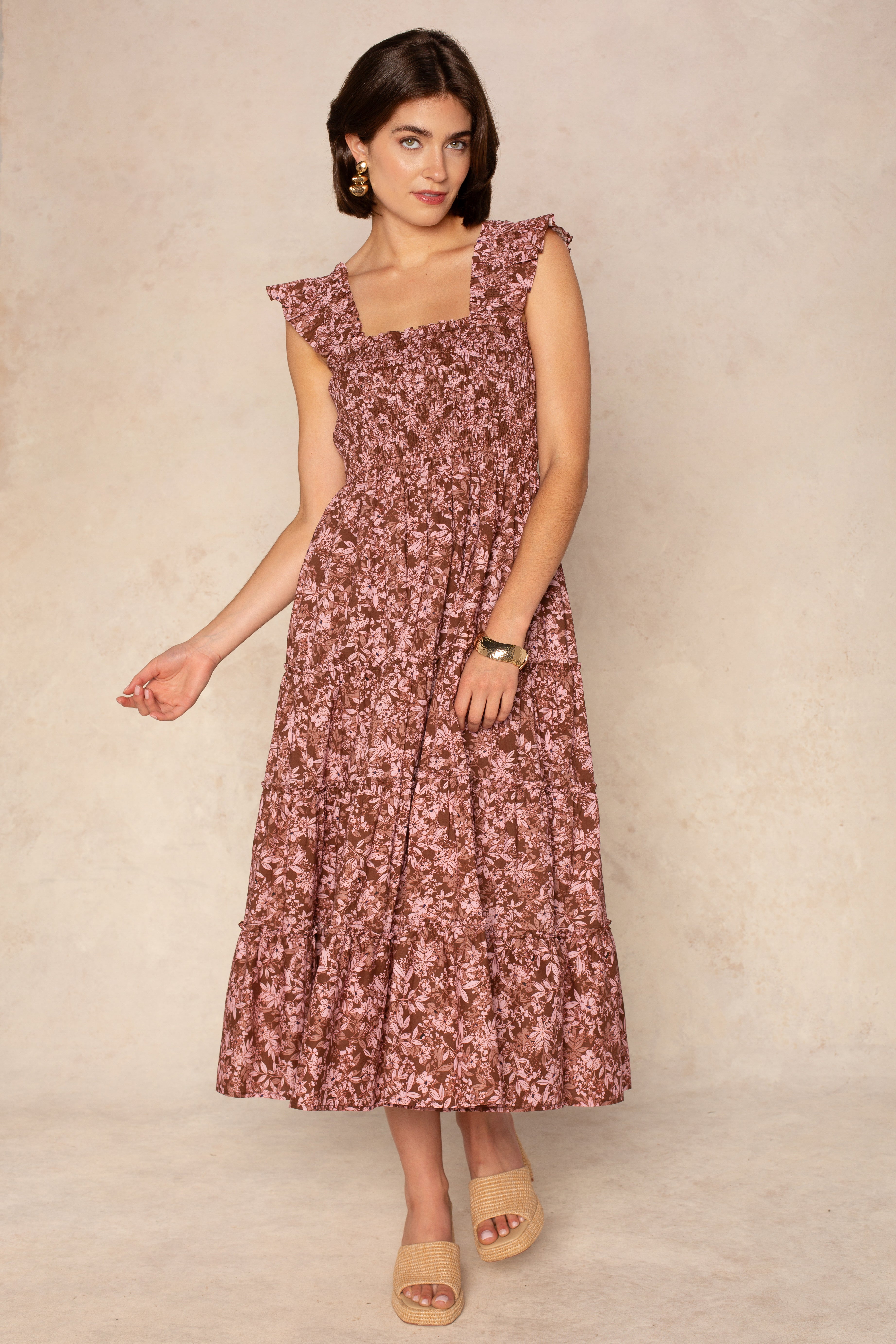 Calypso Smocked Midi Dress Brown Multi / L
