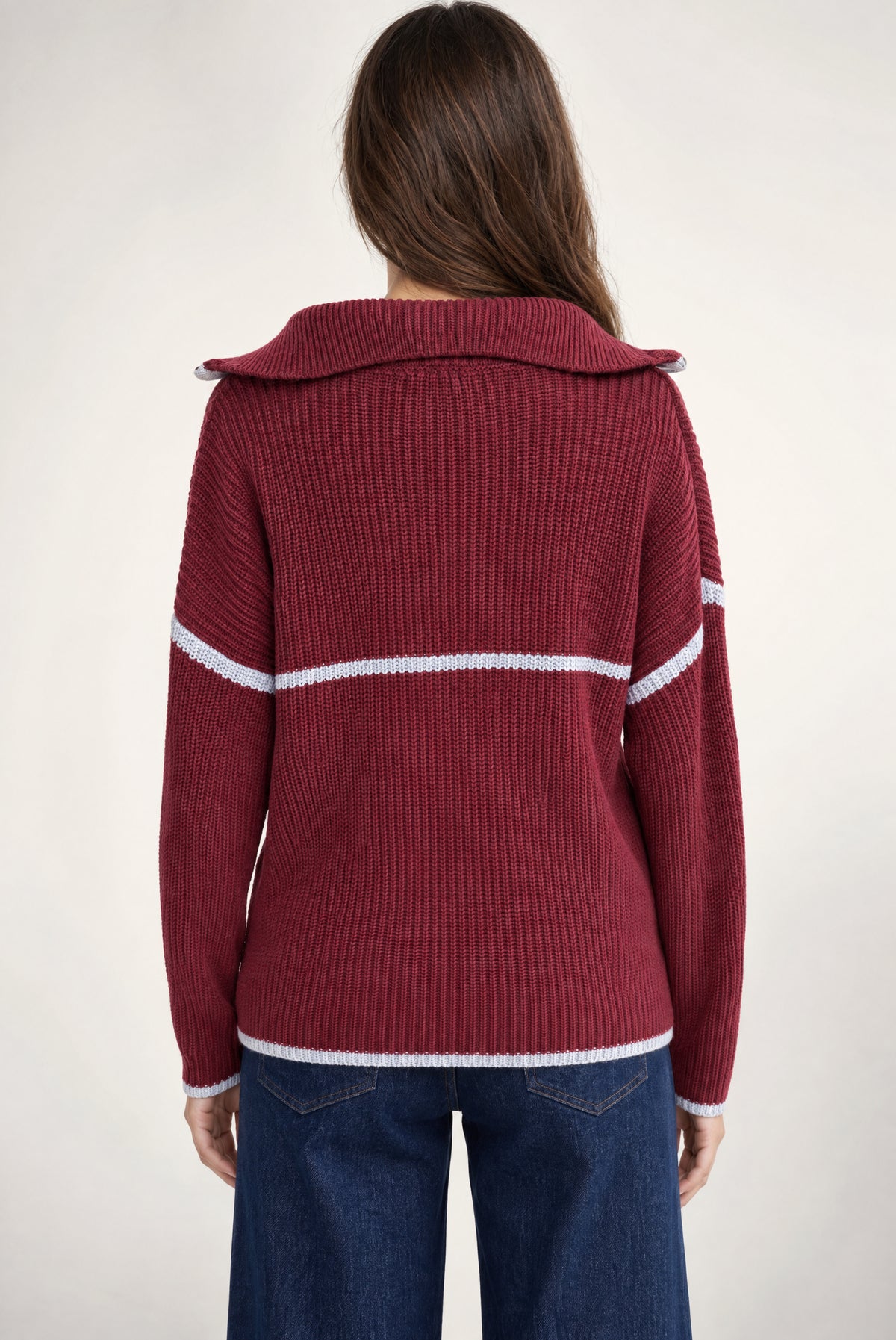 Burgundy ribbed half-zip sweater with white contrast stripes and fold-over collar, shown from back.
