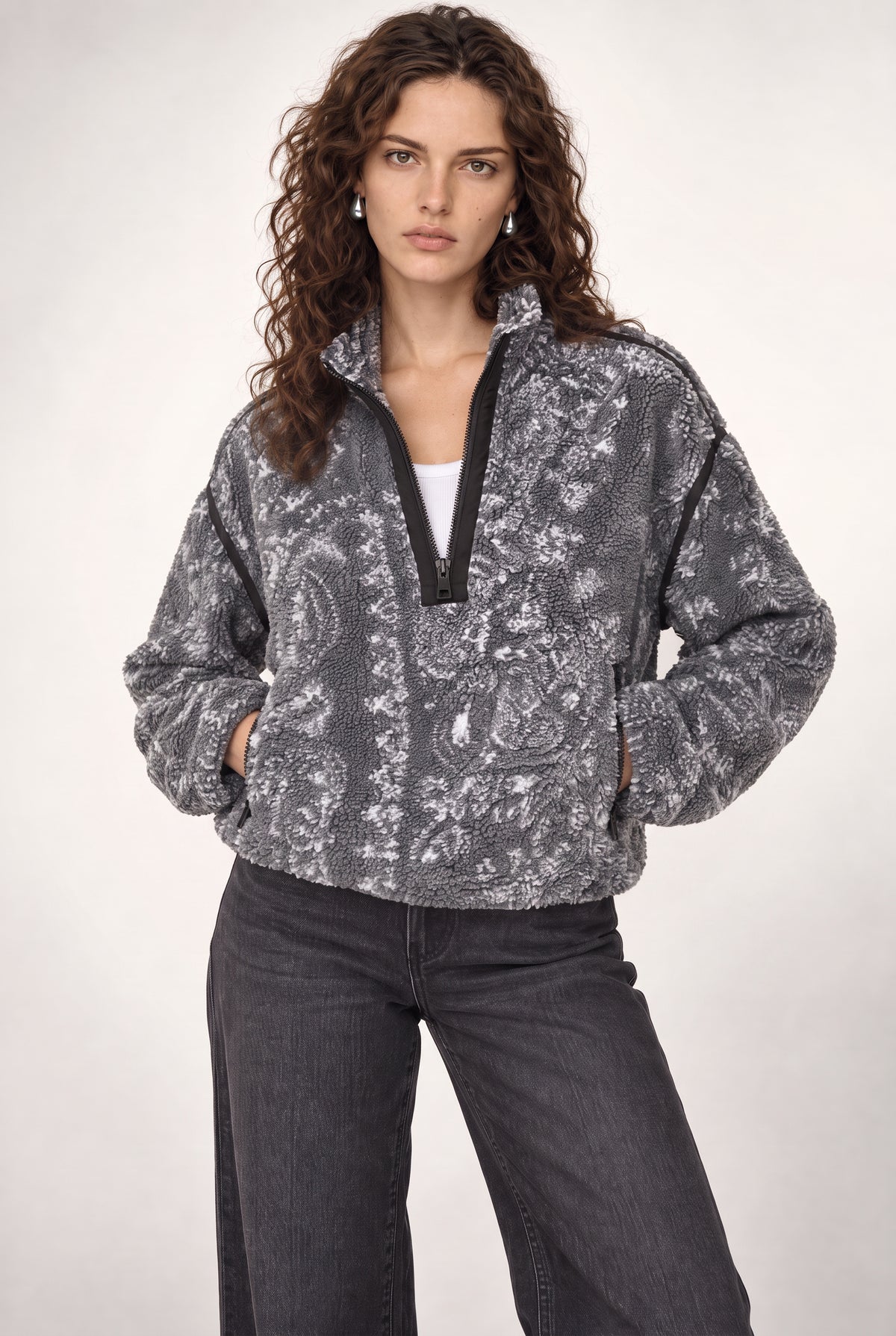 Stevie Printed Sherpa Jacket In Grey