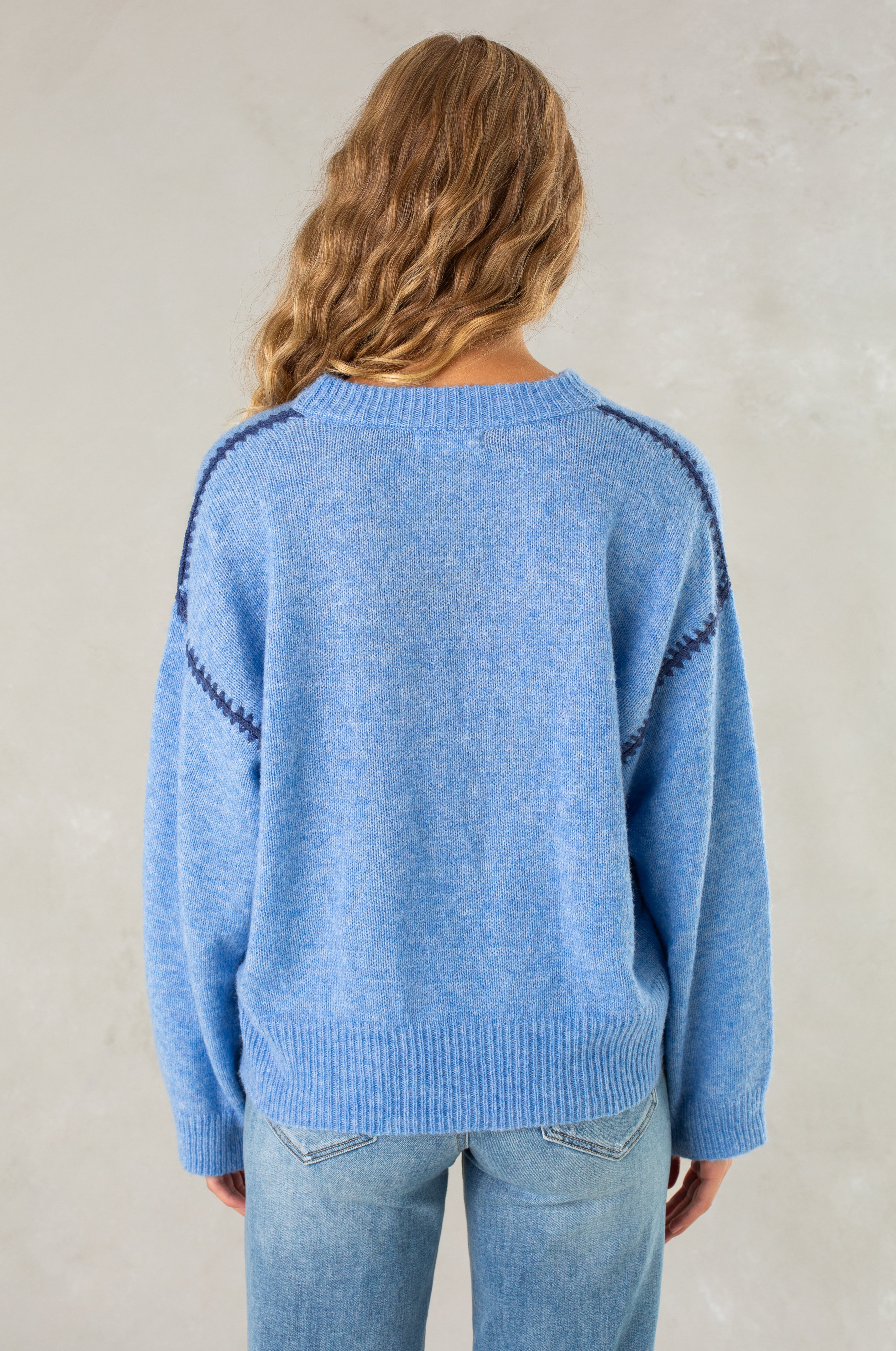 A person with long wavy hair models Isla’s The Jenny Sweater, a relaxed-fit light blue crew neck with dark blue sleeve accents, paired with light blue jeans, standing back to the camera against a neutral background.