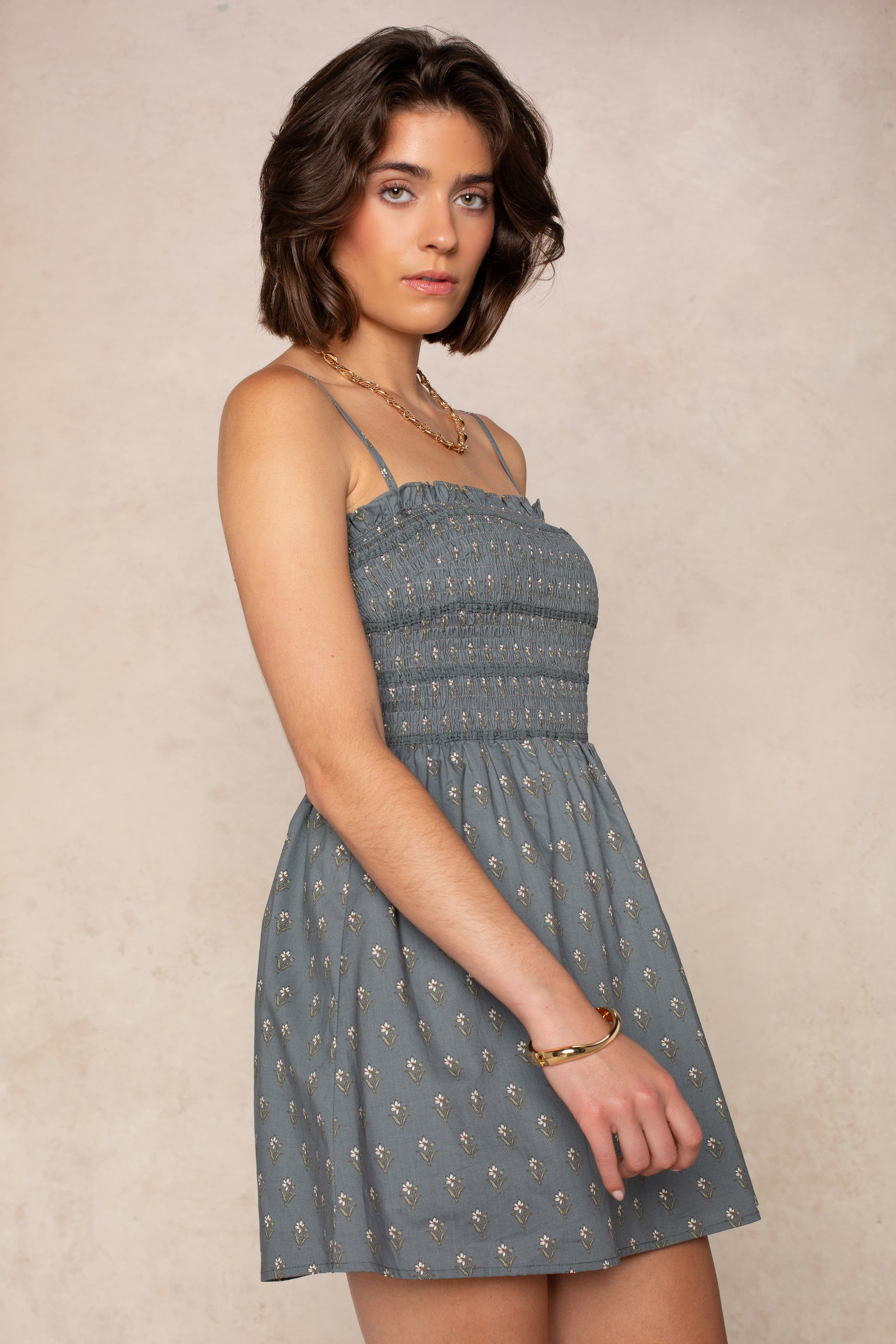 A woman with short brown hair stands sideways against a light beige background, looking at the camera with a neutral expression. She is wearing Isla’s Jillian Smocked Fit And Flare Mini Dress—a blue, patterned sleeveless mini dress with a subtle smocked bodice—paired with a gold necklace and bracelet.