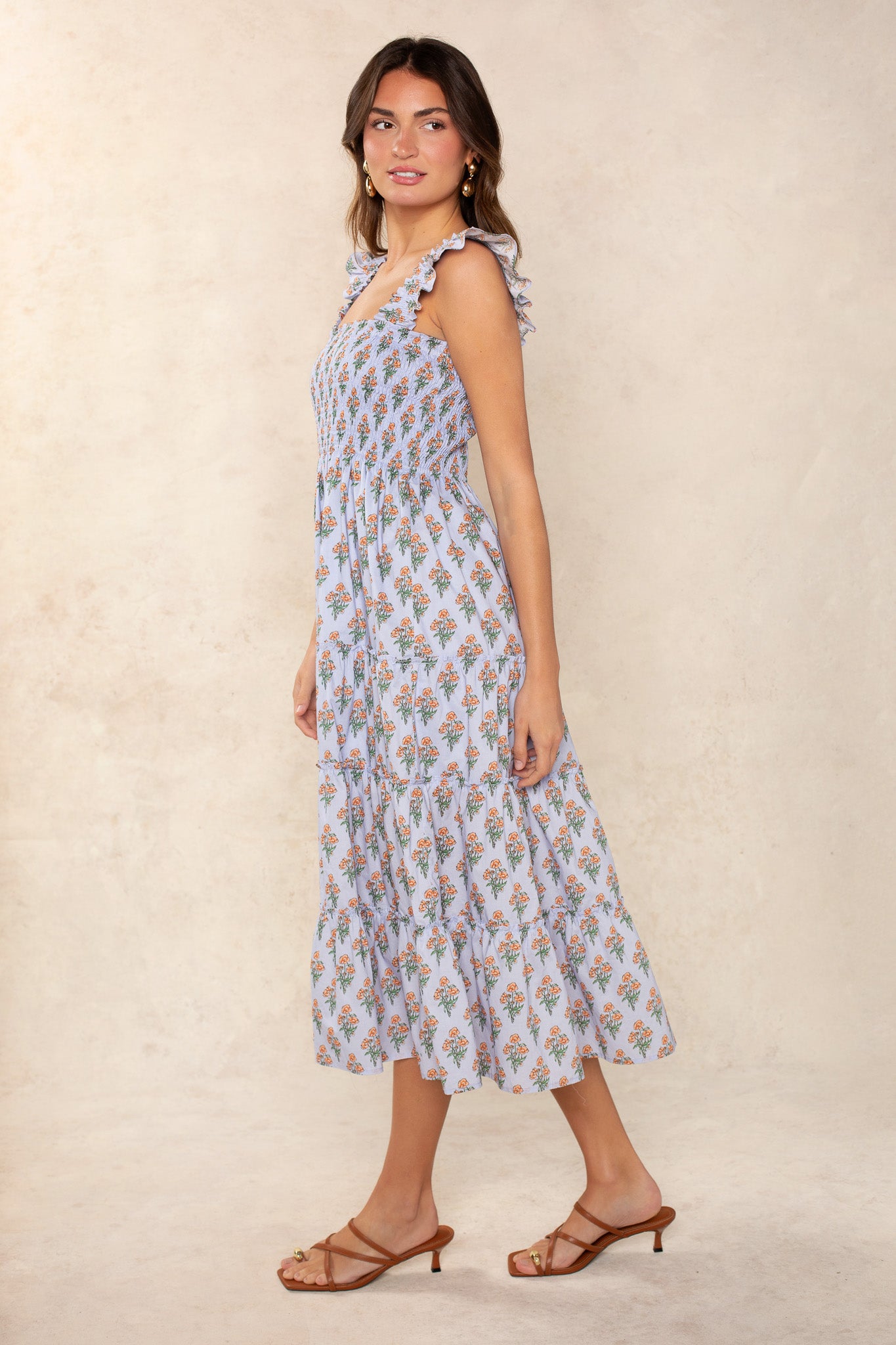 Calypso Smocked Midi Dress Blue Multi / XS Calypso Smocked Midi Dress Blue Multi / XS