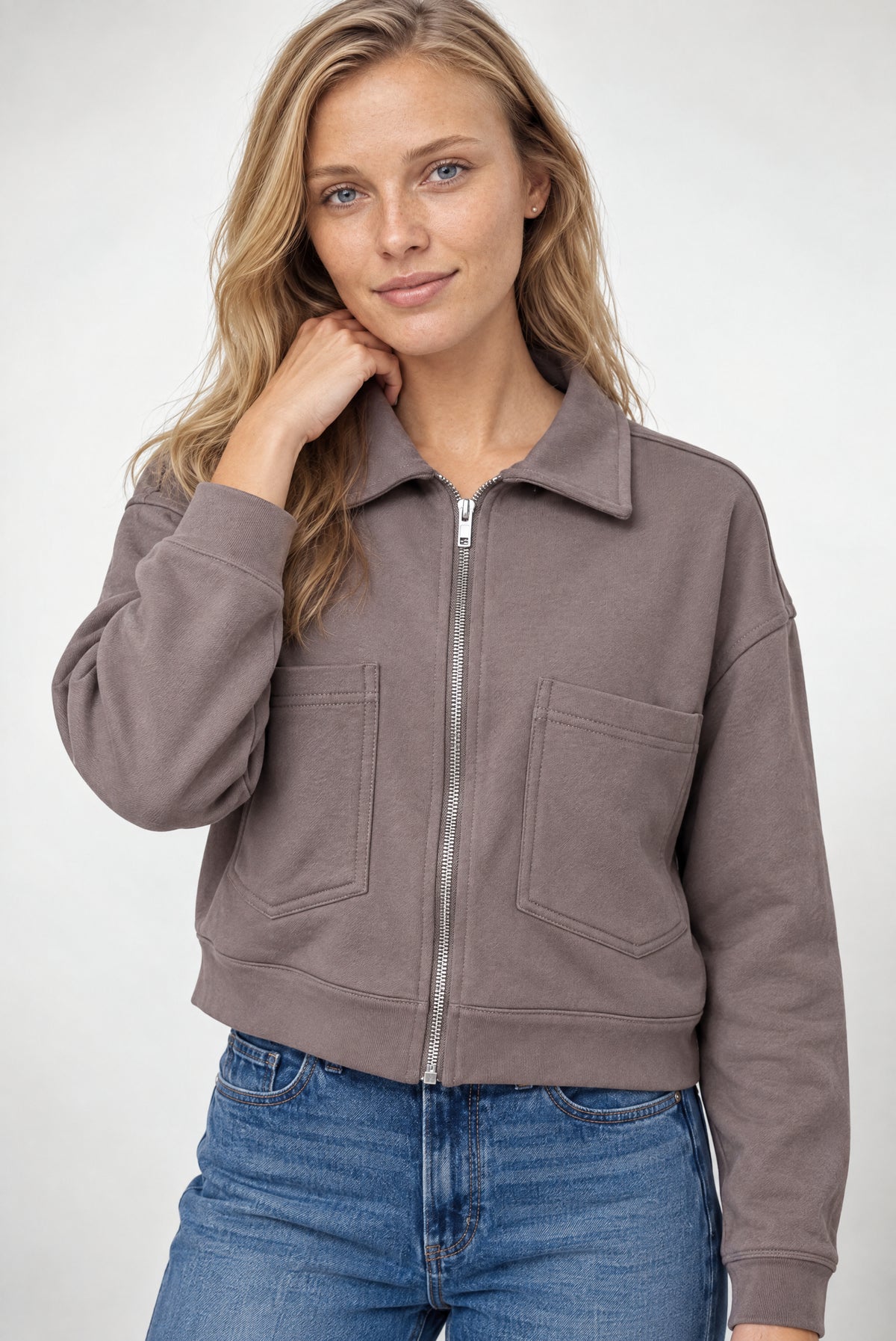 Ali Zip Up Knit Jacket In Brown