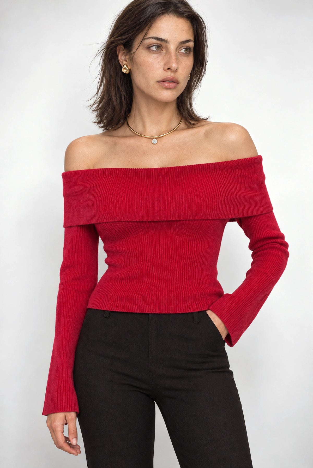 Lyla Off Shoulder Long Sleeve Knit Top In Red