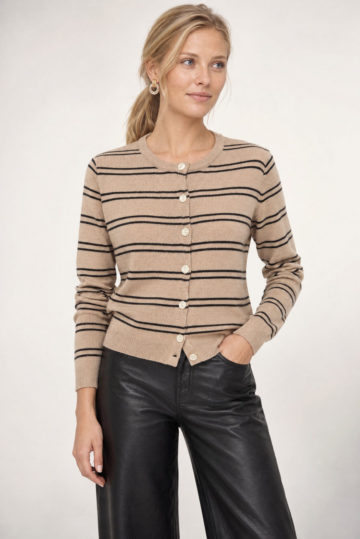 Claire Stripe Cardigan In Oatmeal/Black