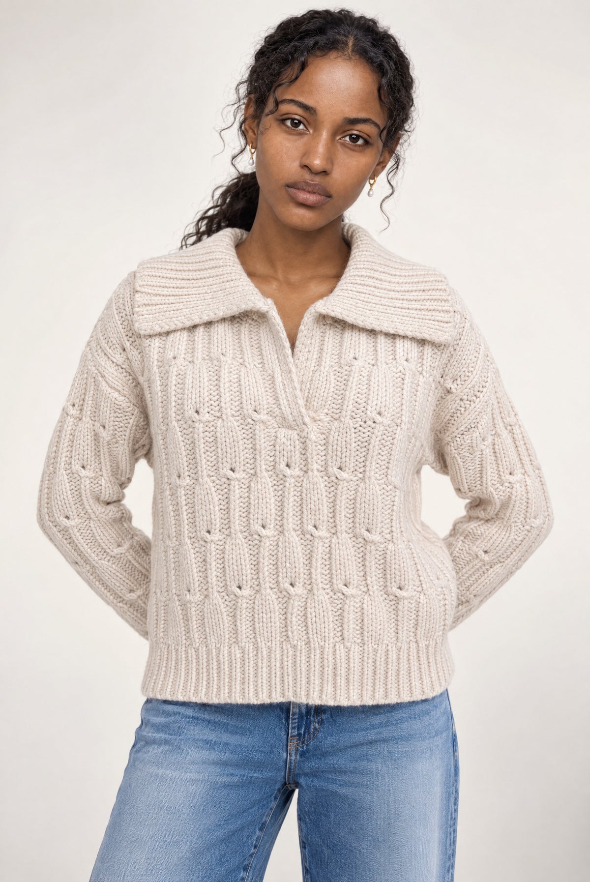 Penny Polo Cable Sweater In Ivory