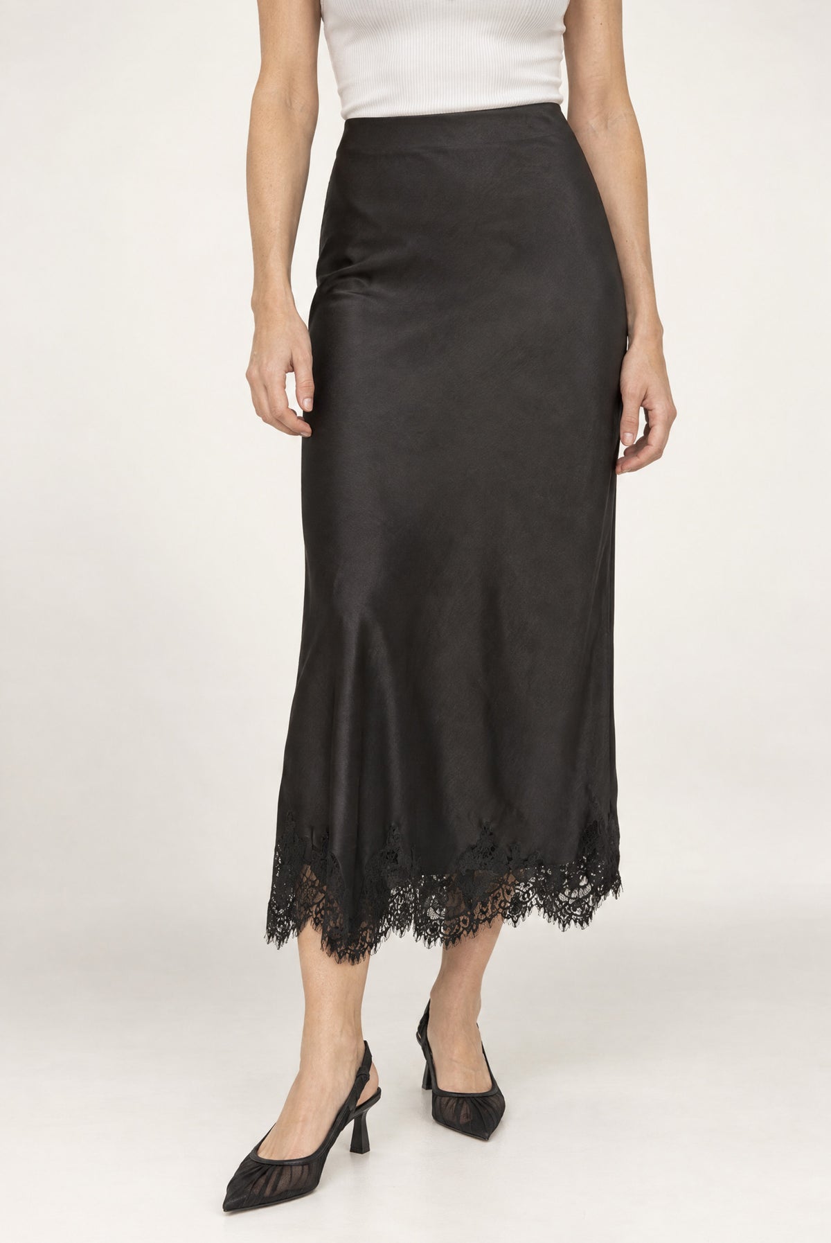 Remi Satin Lace Midi Skirt In Black