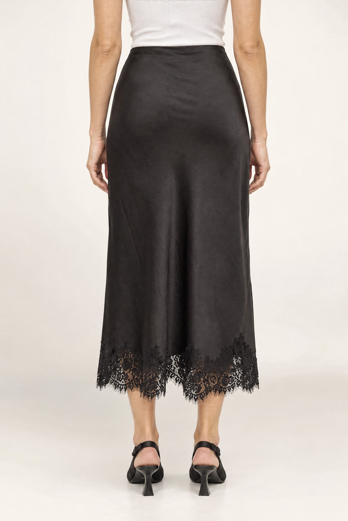 Remi Satin Lace Midi Skirt In Black