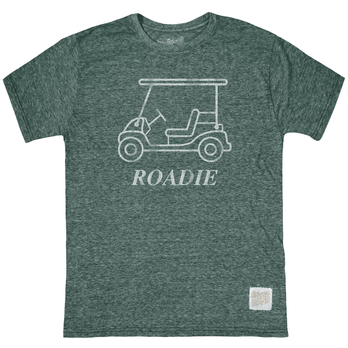The Roadie Tee in Streaky Sprite by Original Retro Brand features a ribbed crew neckline and a white line drawing of a golf cart with "ROADIE" below—perfect for casual days. Color: Streaky Sprite.