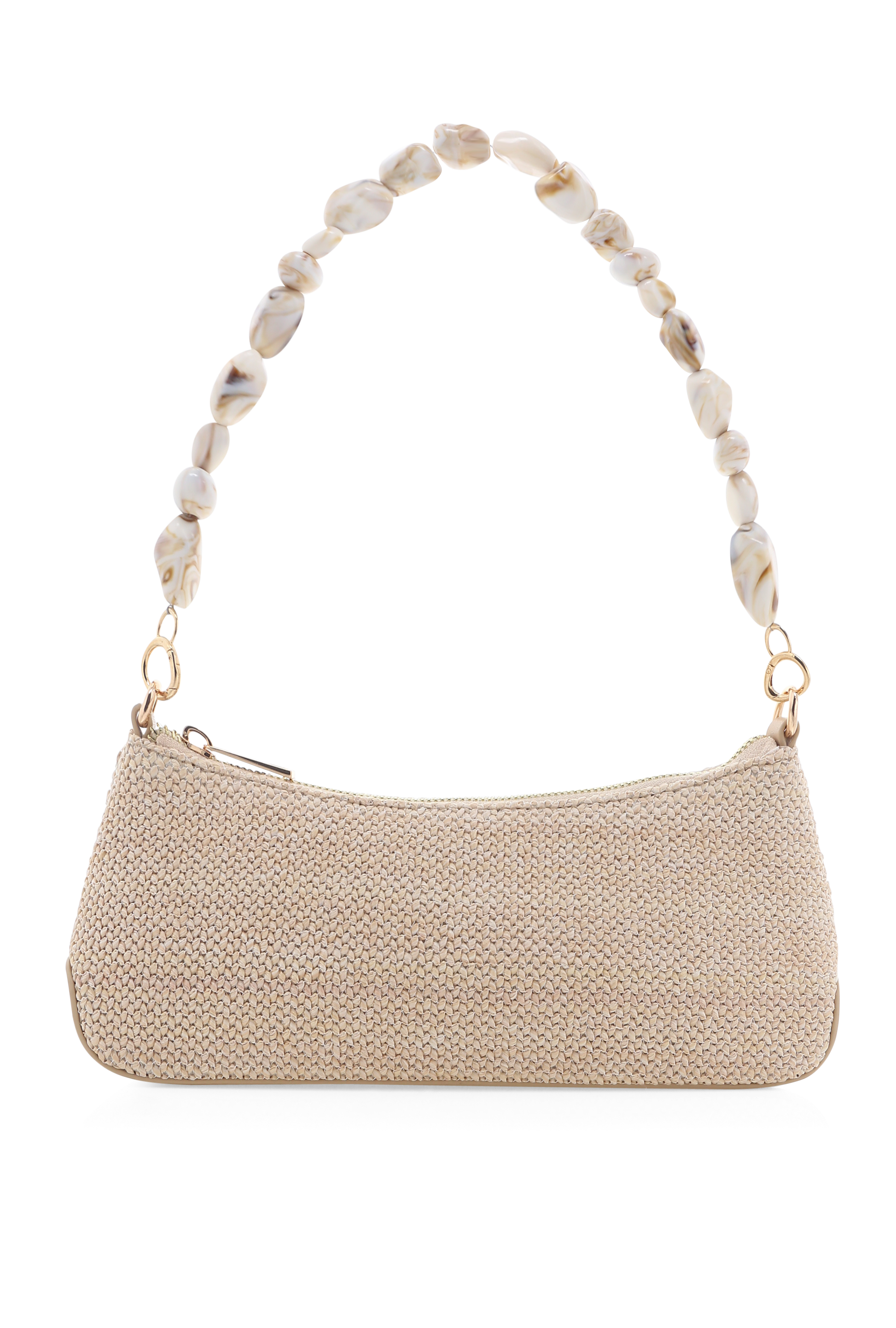The Jamie Shoulder Bag by Billini is a beige woven rectangle bag with a zippered top and a short handle made of large marbled beads, shown against a plain white background.
