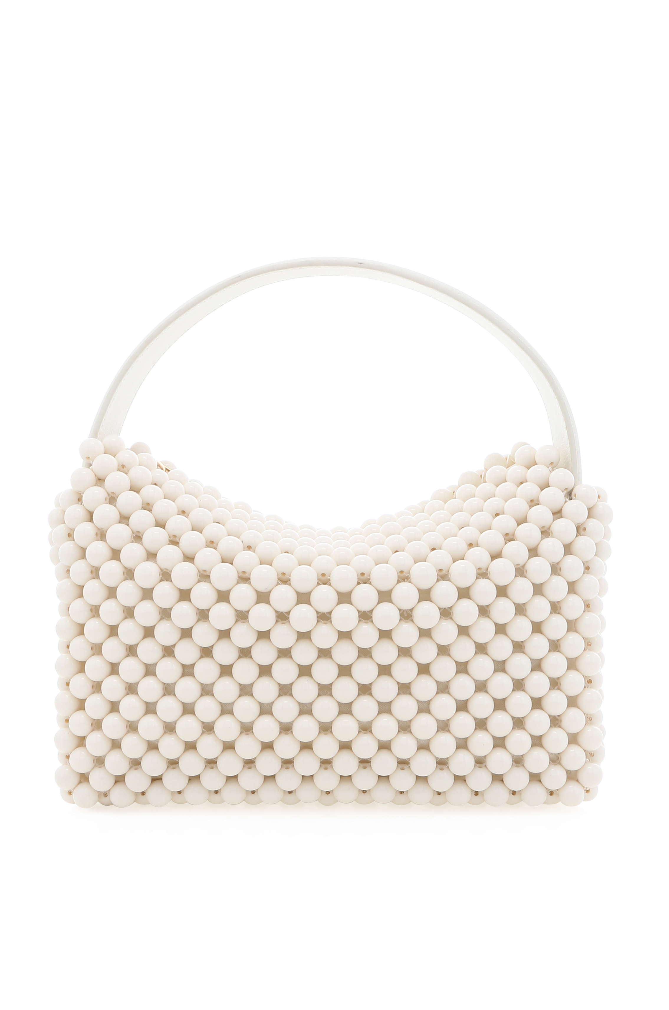The Jeanie Handle Bag by Billini is a small rectangular handbag featuring white beads, elegant detailing, and a matching beaded handle, shown against a plain white background.