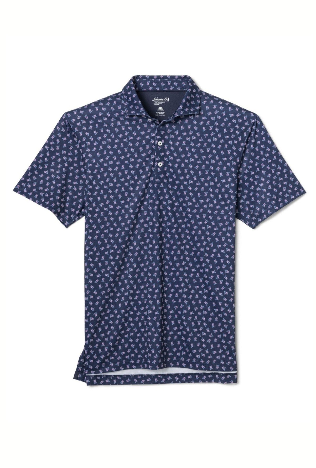 The Johnnie-O USA polo in Navy Multi features a subtle white and pink pattern, a classic collar, three-button placket, and moisture-wicking performance fabric.