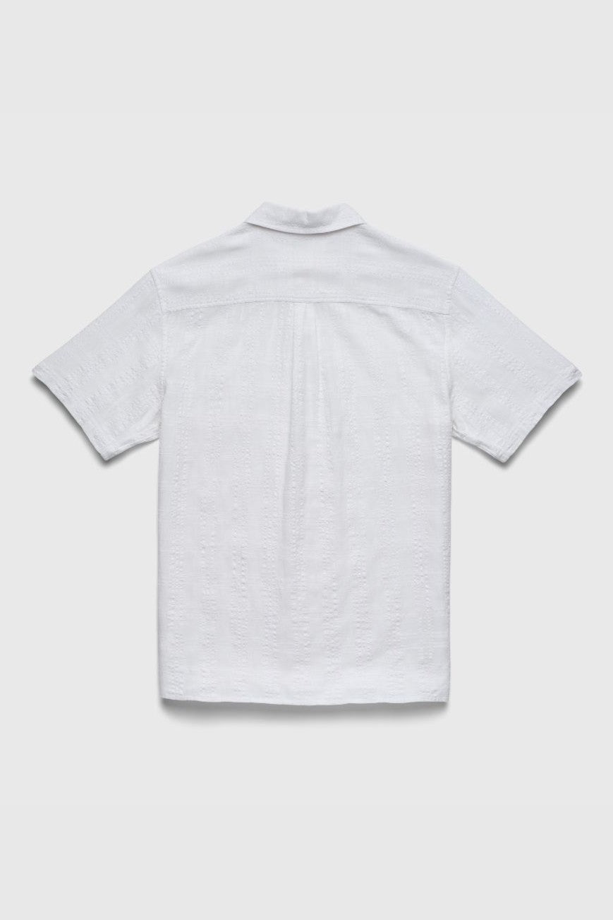 The Joseph Straight Bottom Textured Shirt by Surfside Supply Co. is a white short-sleeve button-up, shown from the back. Made of a cotton-rayon blend, it features a relaxed regular fit and straight hem for comfortable everyday style.