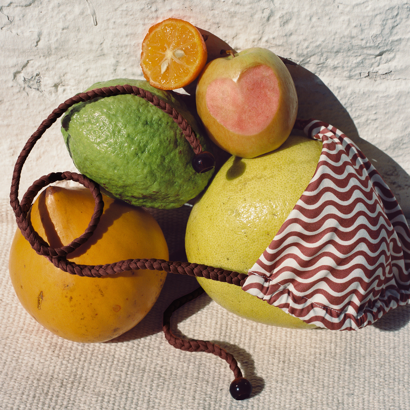 Fruit-shaped objects with a green avocado, pink peach, and yellow lemon on a textured surface.