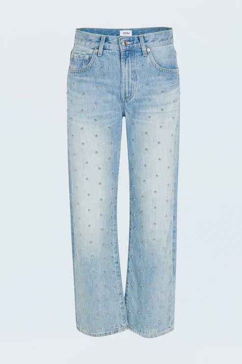 The Lexi In Confetti jeans by Pistola are light blue, high-waisted, relaxed-fit straight-leg jeans crafted from 100% cotton. They feature a subtle faded finish and small metal stud accents throughout.