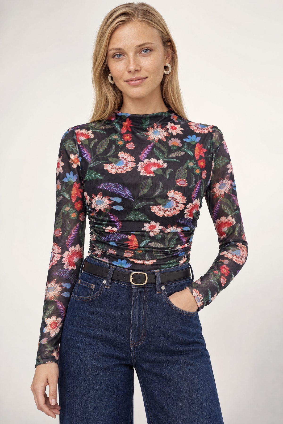 Dakota Ruched Print Mesh Long Sleeve