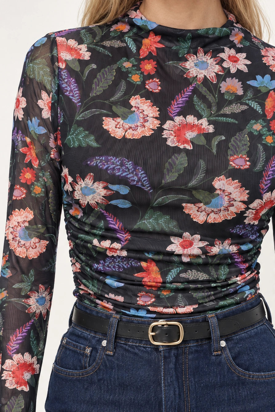 Dakota Ruched Print Mesh Long Sleeve