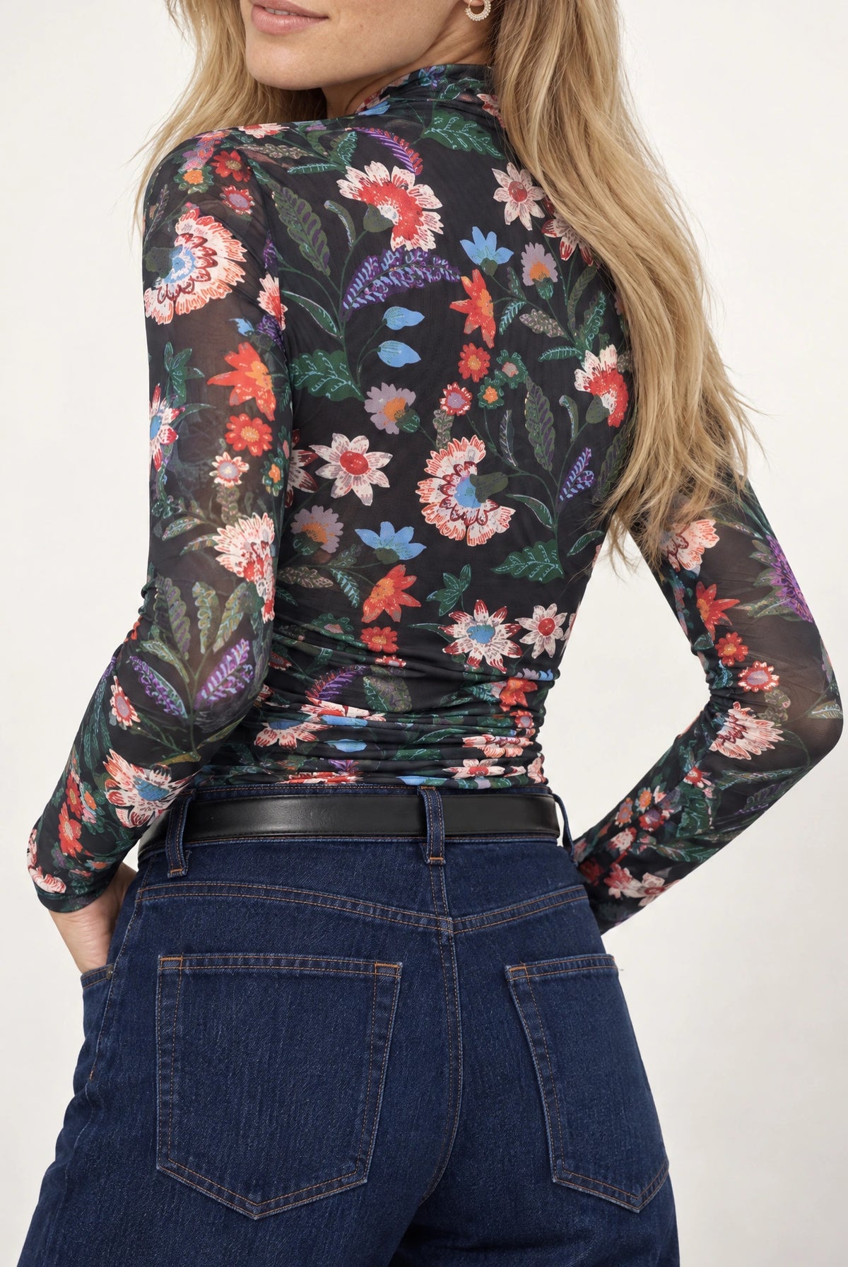 Dakota Ruched Print Mesh Long Sleeve