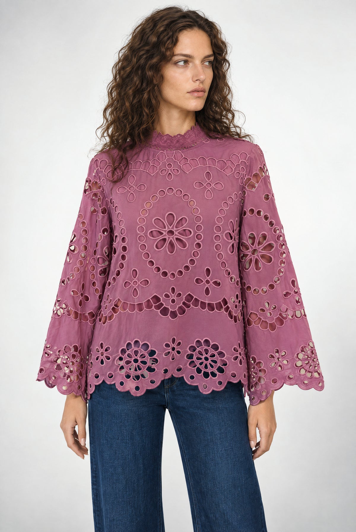 Monica Eyelet Longsleeve In Rosewood