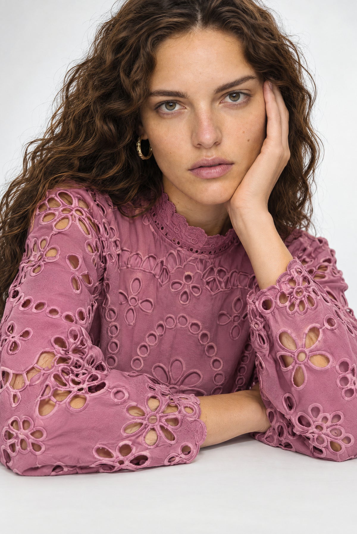Monica Eyelet Longsleeve In Rosewood
