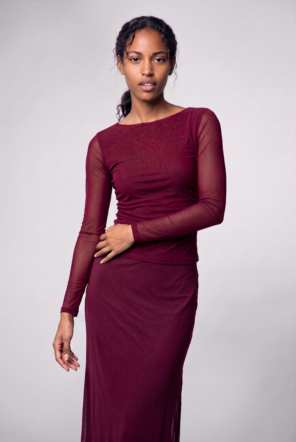 Maddie Cowl Back Mesh Long Sleeve Top