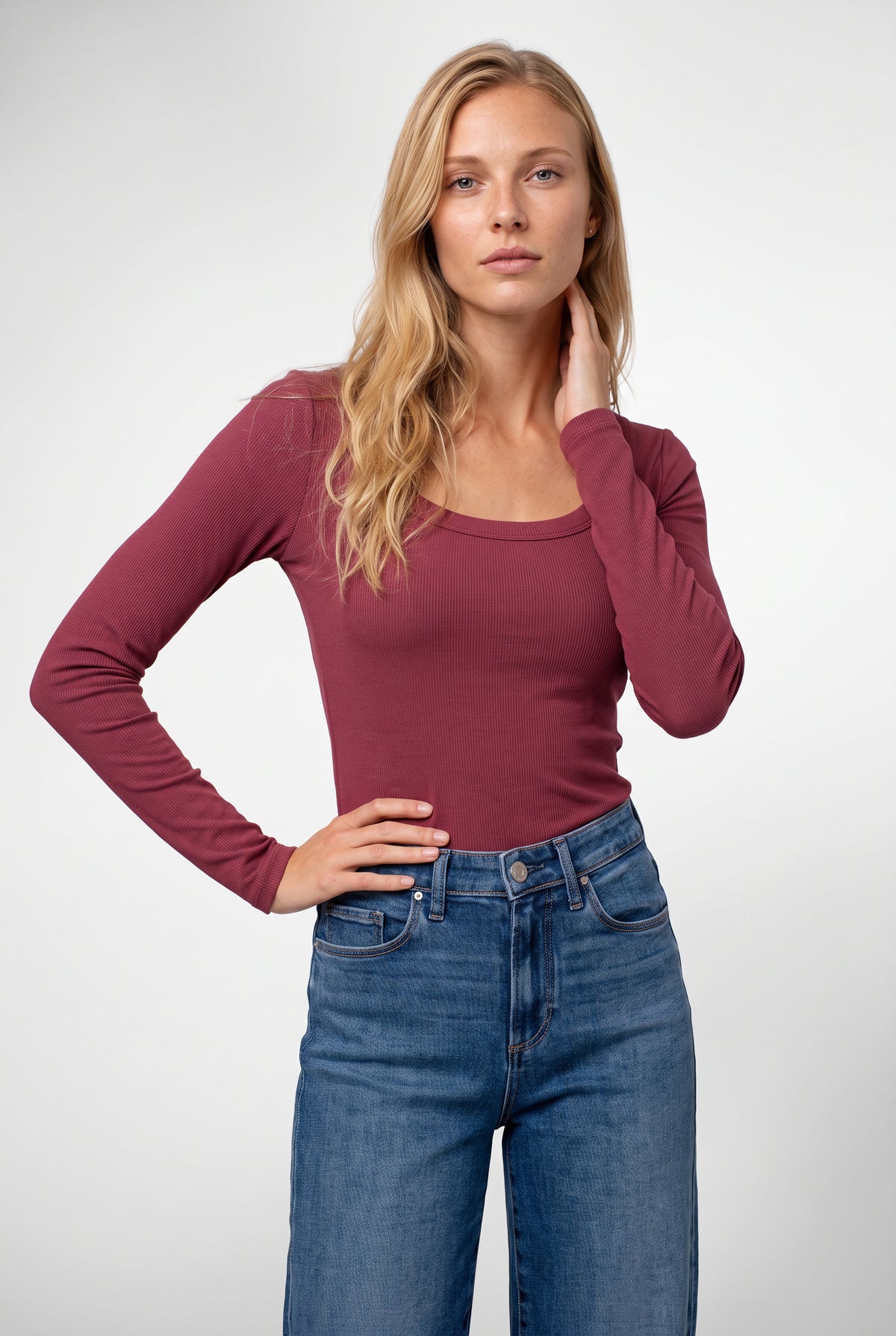 Audrey Square Neck Long Sleeve Top In Red